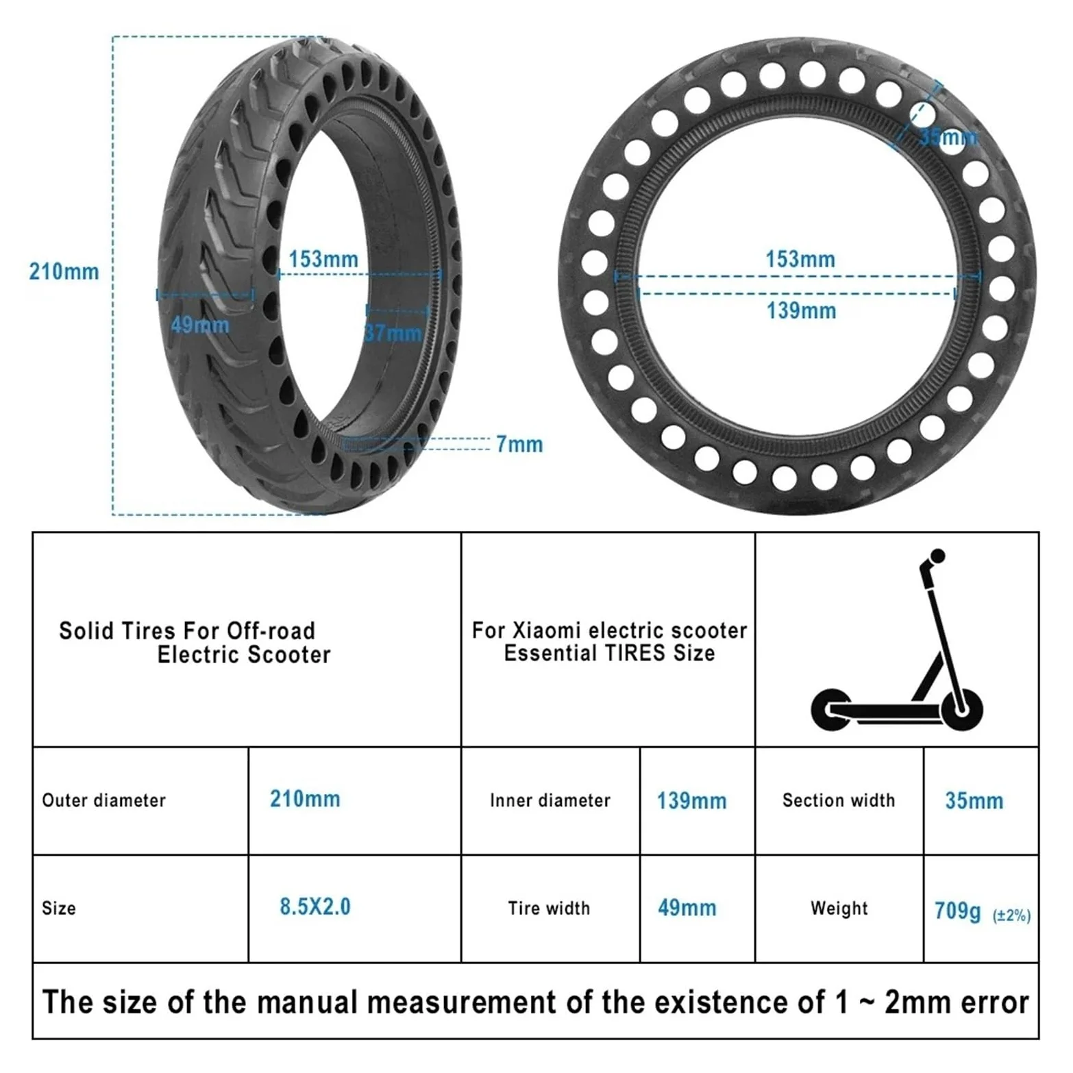 Neumático Sólido For Patinete Eléctrico, Compatible With Xiaomi rueda de scooter de goma maciza(2pcs tires)