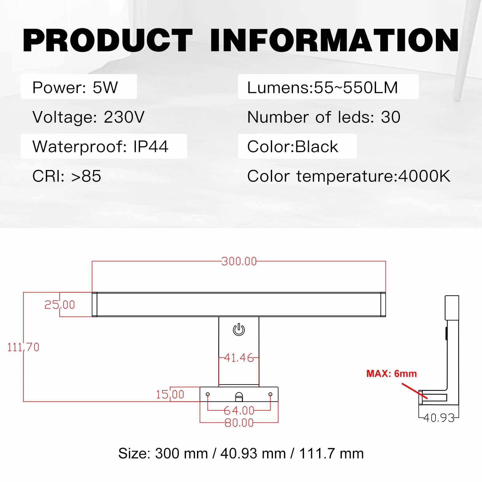 DEELUX Lámpara de Espejo Baño LED 30cm 5W 4000K Blanco Neutro Regulable 55-550 lm IP44 230V Negro