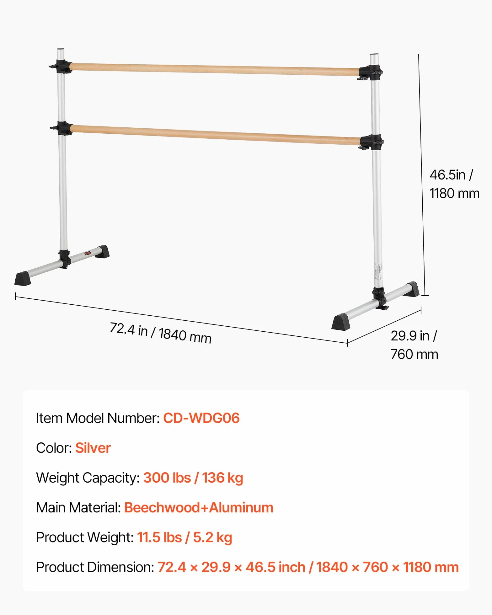 VEVOR Barra de Baile Doble Altura Ajustable 170-1165 mm Madera para Ballet Ejercicios 1840 x 760 x 1180 mm Plata