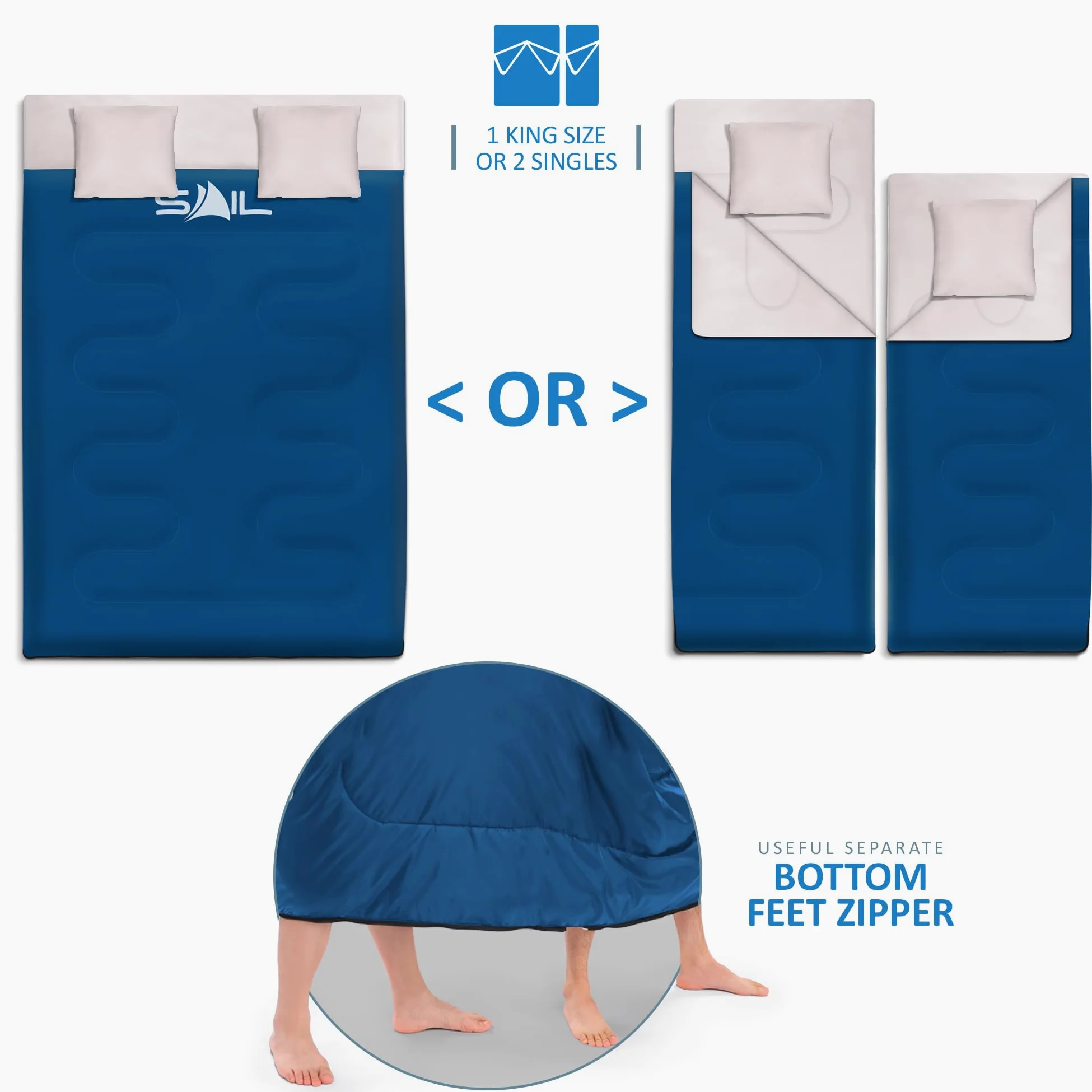 SAIL Saco de Dormir Doble con 2 Almohadas, Extra Grande para 3-4 Estaciones, Ligero, Impermeable, Uso en Interiores y Exteriores, para Adultos, para Senderismo, mochileros y Camping