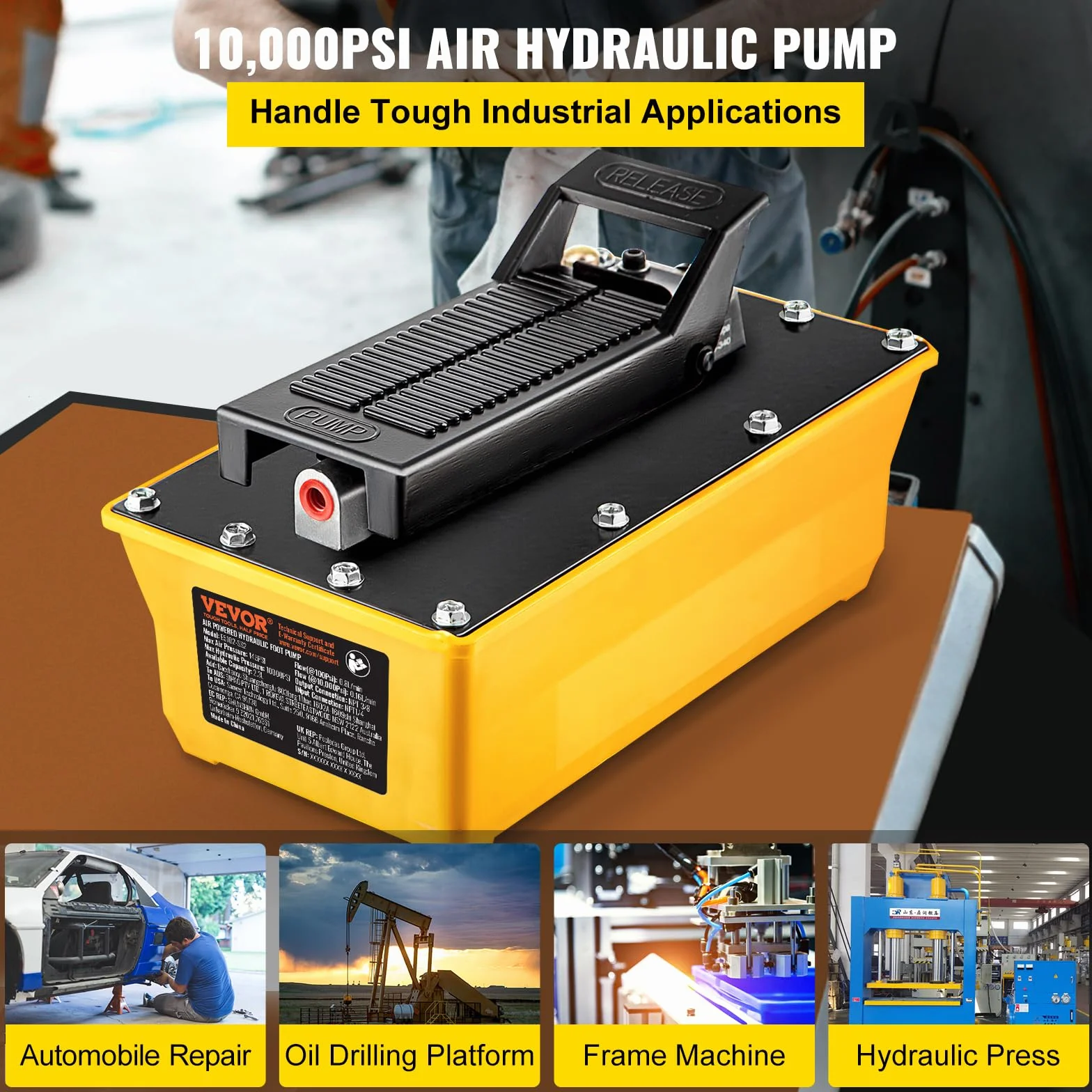 VEVOR Bomba Hidráulica de Pie 10000psi, Bomba Neumática Hidráulica con Manguera 200mm y Pistola Rociadora, Capacidad 2.3L Bomba Hidráulica de Aire Control de Pedal Simple para Maquinari