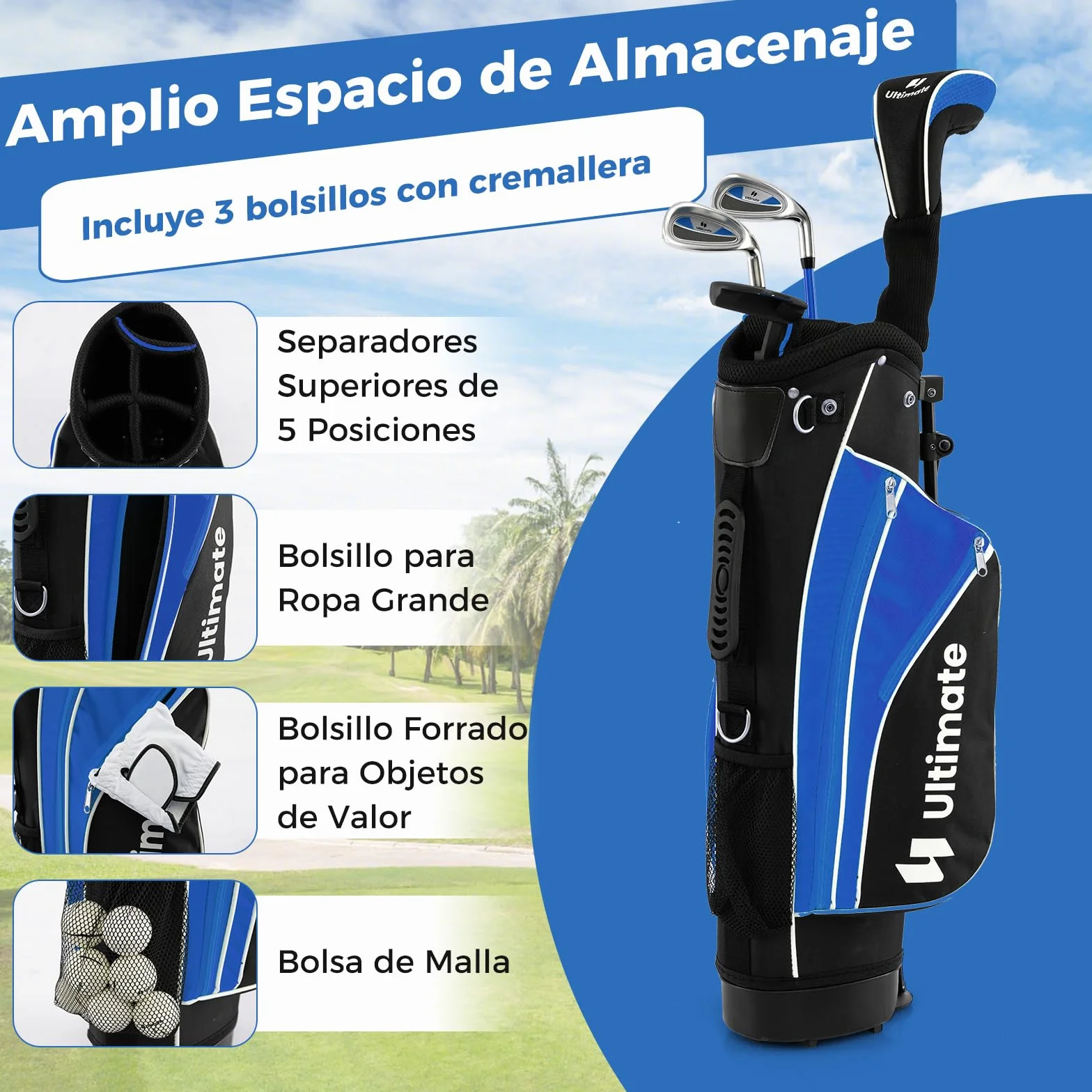 COSTWAY Set de Palos de Golf para Niños 8-13 Años, Incluye Madera 3, Hierros 7 y 9, Putter, Bolsa