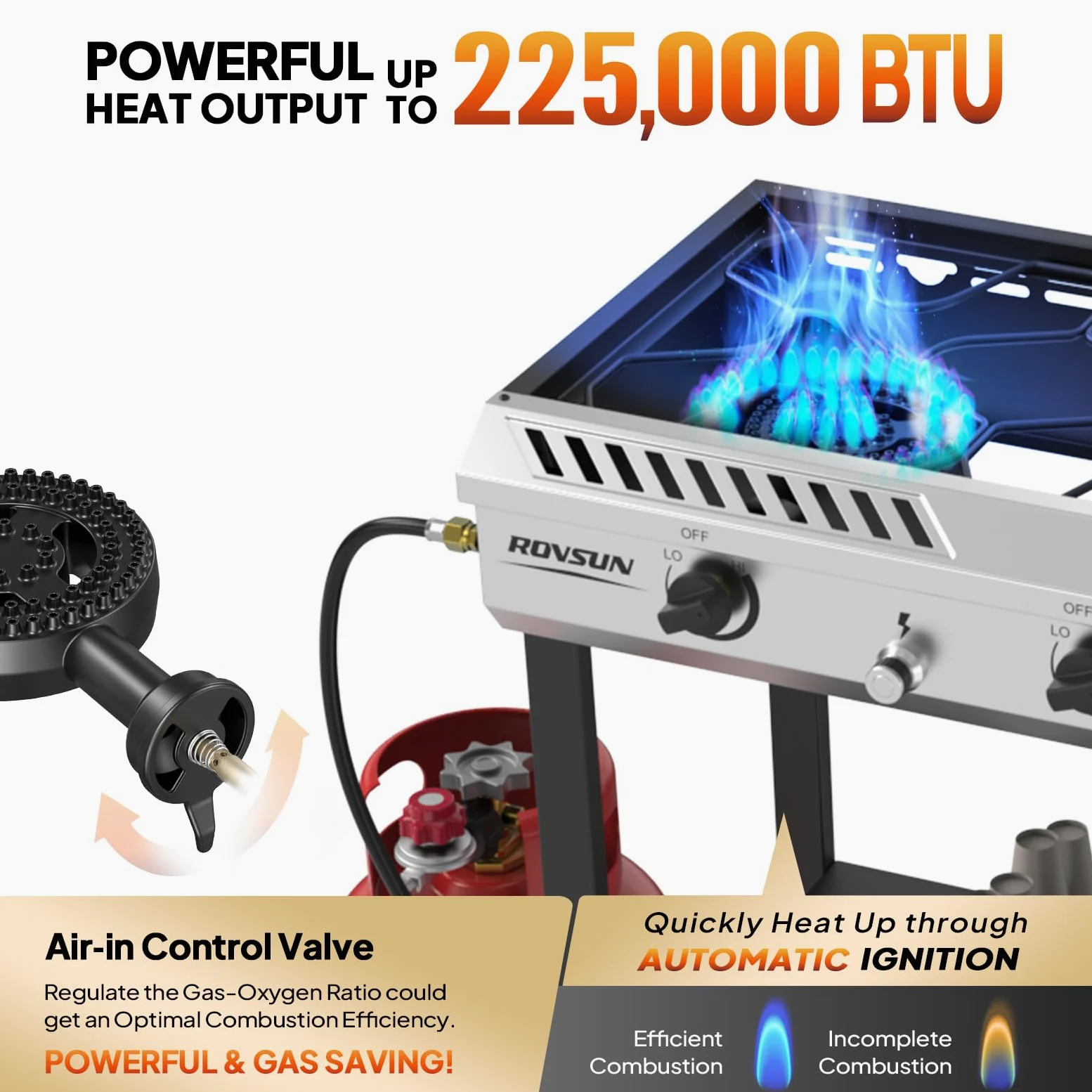 ROVSUN Quemador de propano de 3 quemadores para exteriores con encendido y regulador, 225,000 BTU, potente y portátil, estufa de gas para exteriores, para patio, cocina, hogar, camping, elaboración de