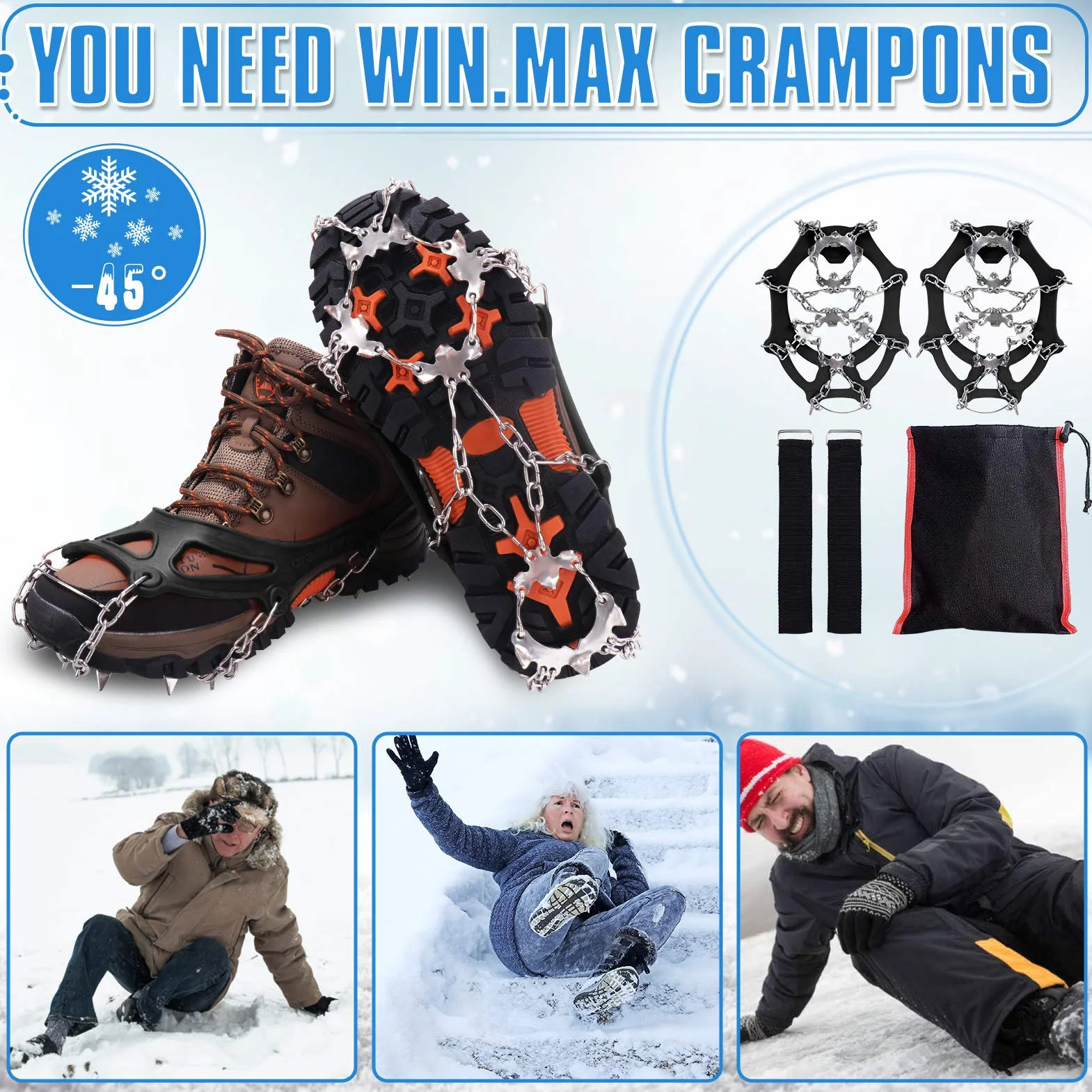 WIN.MAX Crampones, 19 Garras de Dientes Crampones Cubierta Antideslizante de Zapatos con Cadena de Acero Inoxidable para Excursiones Pesca Escalada Trotar sobre Nieve y Hielo