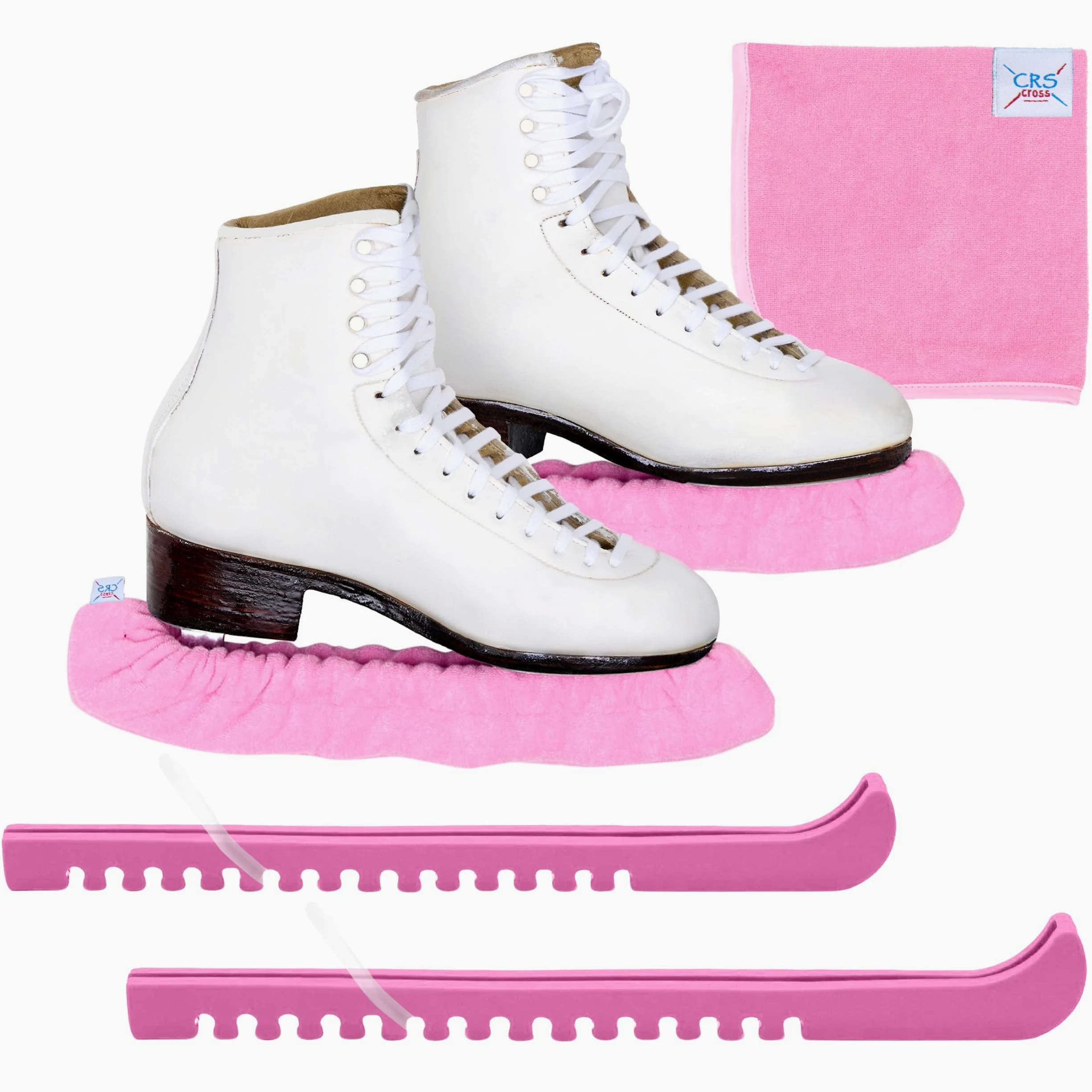 CRS Cross Juego de protectores de patinaje sobre hielo, remojo y toalla, diseño de una pieza con cubiertas suaves de hoja de patinaje y toalla (par de protectores ajustables, no requiere montaje)