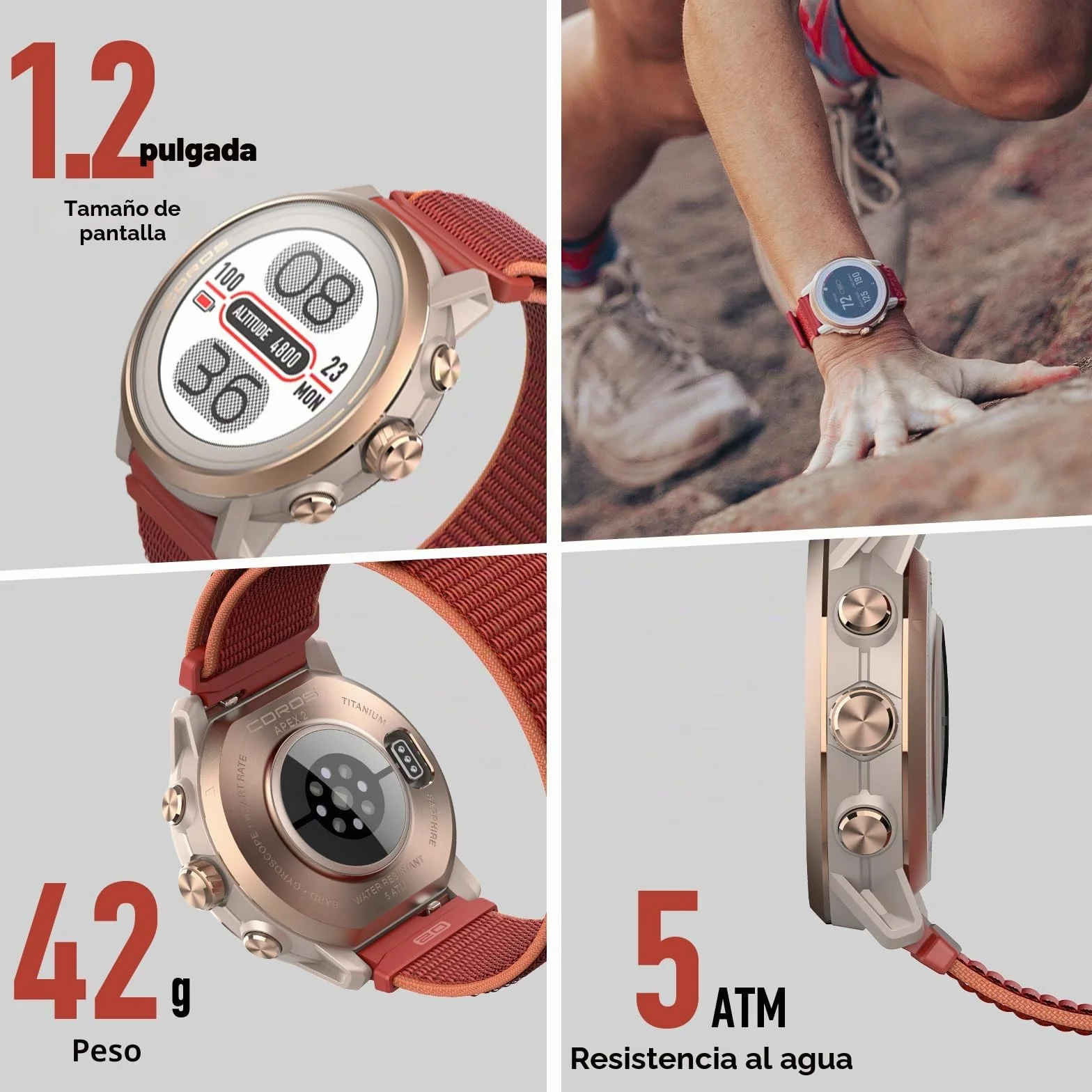 COROS Apex 2 Reloj GPS Outdoor, 1,2" Zafiro Titanio, 17 días de Batería, Navegación en muñeca, Mapas Offline, Monitor de Frecuencia Cardiaca, Medición del sueño, Carrera, Ciclismo, Escalada-Rosa