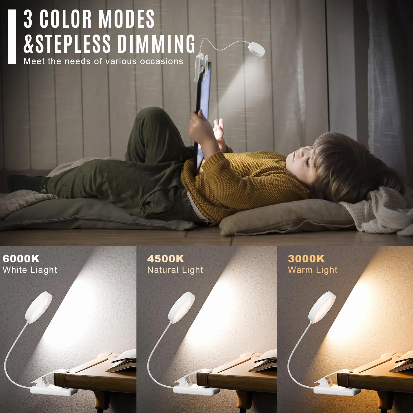 LQWELL 31 LED Luz de Lectura Recargable USB, 3 Temperaturas de Color, Atenuación Continua, Ángulo Flexible 360° Blanco
