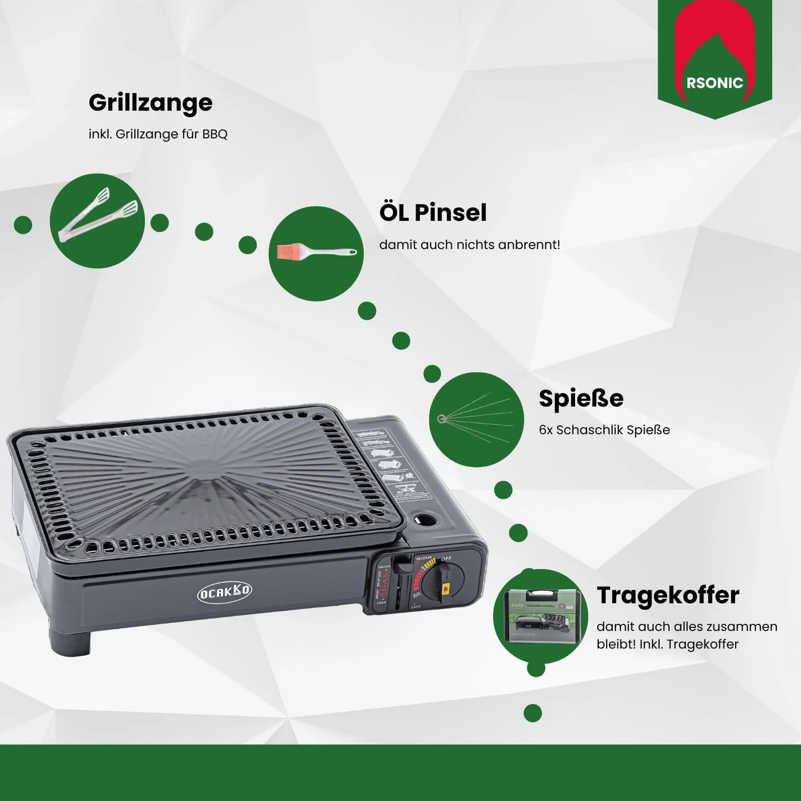XXL Cocina Camping Cocina Gas Portable Cocina de Gas RS-4030 Parrilla de Gas Mechero de Gas - Negro - hervidor con 8 Cartuchos