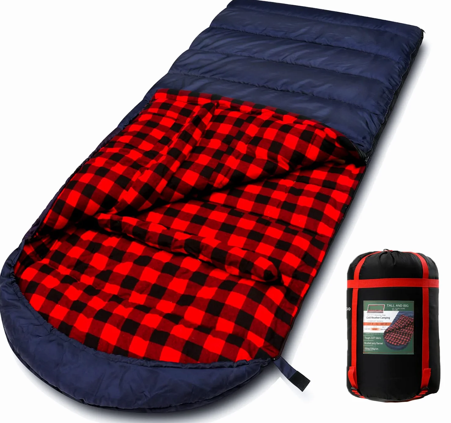 Saco de Dormir de Franela de algodón de 0 Grados para Adultos, Clima frío, Camping, Invierno, Cero Grados, Clima cálido, Grande y Alto