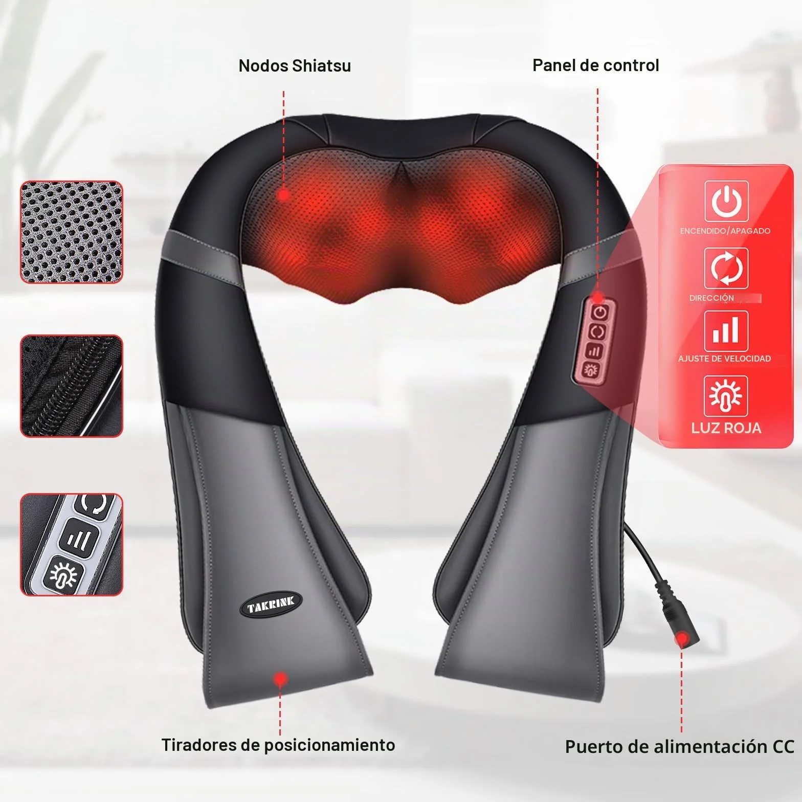 Masajeador Shiatsu 16 Cabezales de Masaje Integrados Hombros Cuello 3 Velocidades Dirección Ajustable Calor