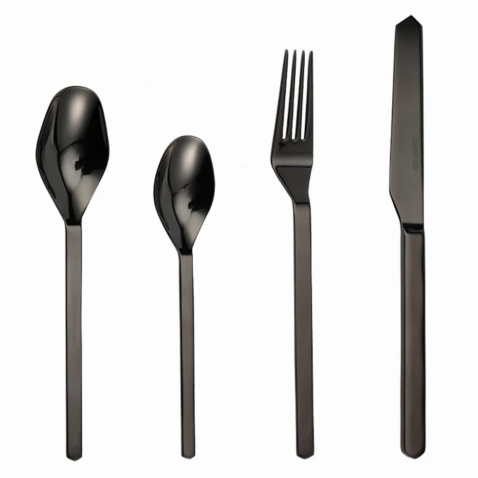 Juego de Cubiertos, Juego de Cubiertos de Acero Inoxidable de 24 Piezas, Servicio para 6, Apto para lavavajillas/fácil de Limpiar, Altamente Pulido, Juego de Cubiertos para Acampar, Negro (24 Piezas)