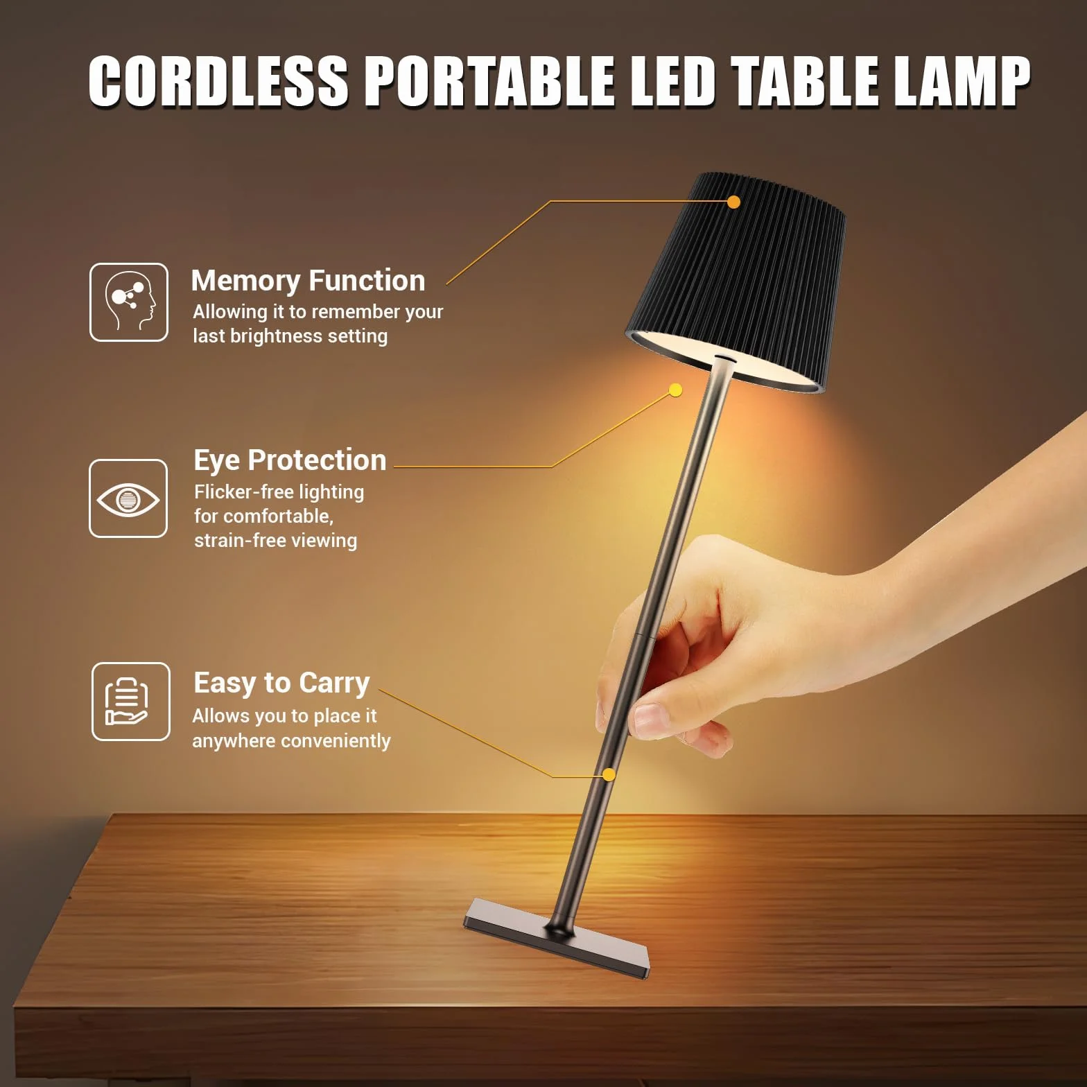 Lámpara de Mesa LED Inalámbrica Recargable con USB-C, Regulable, Negro