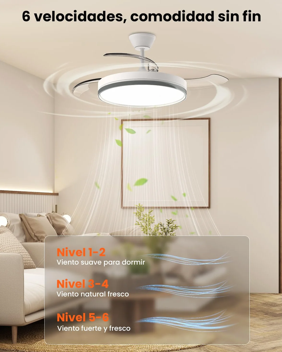 Airwit Ventilador de Techo con Luz 106cm Aspas Retráctiles 69W DC Motor Silencioso Mando Temporizador Blanco