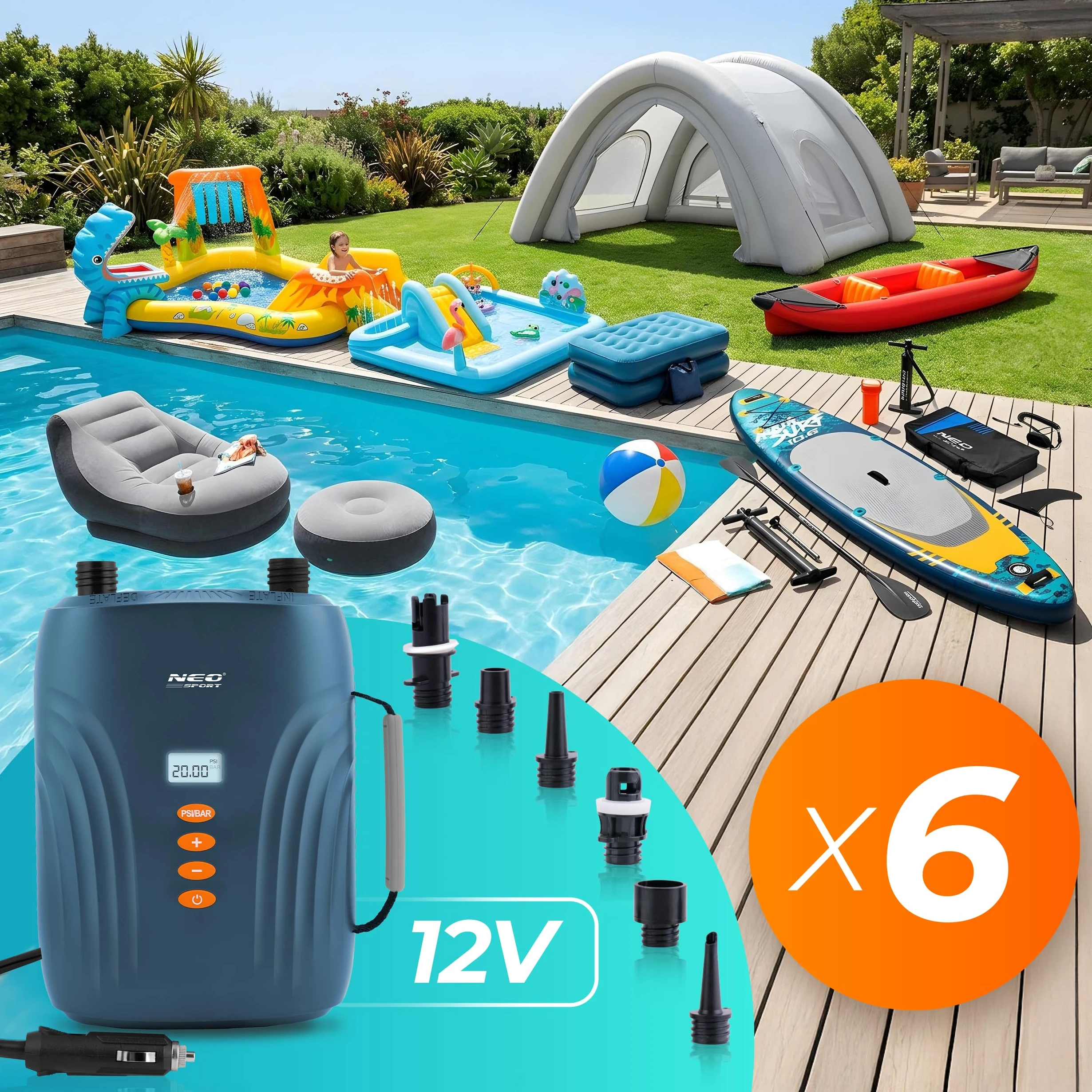 Neo-Sport Bomba de Aire eléctrica de 12 V para Sup, colchón de Aire y Bote Inflable – Bomba de 20 PSI Sup con Doble Motor, Parada automática, 6 adaptadores y función de desinflado