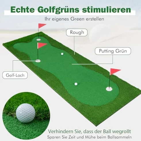 Esterilla de Golf 300 x 100 cm, Césped Artificial, 2 Bolas, 3 Agujeros, Plegable, Entrenamiento