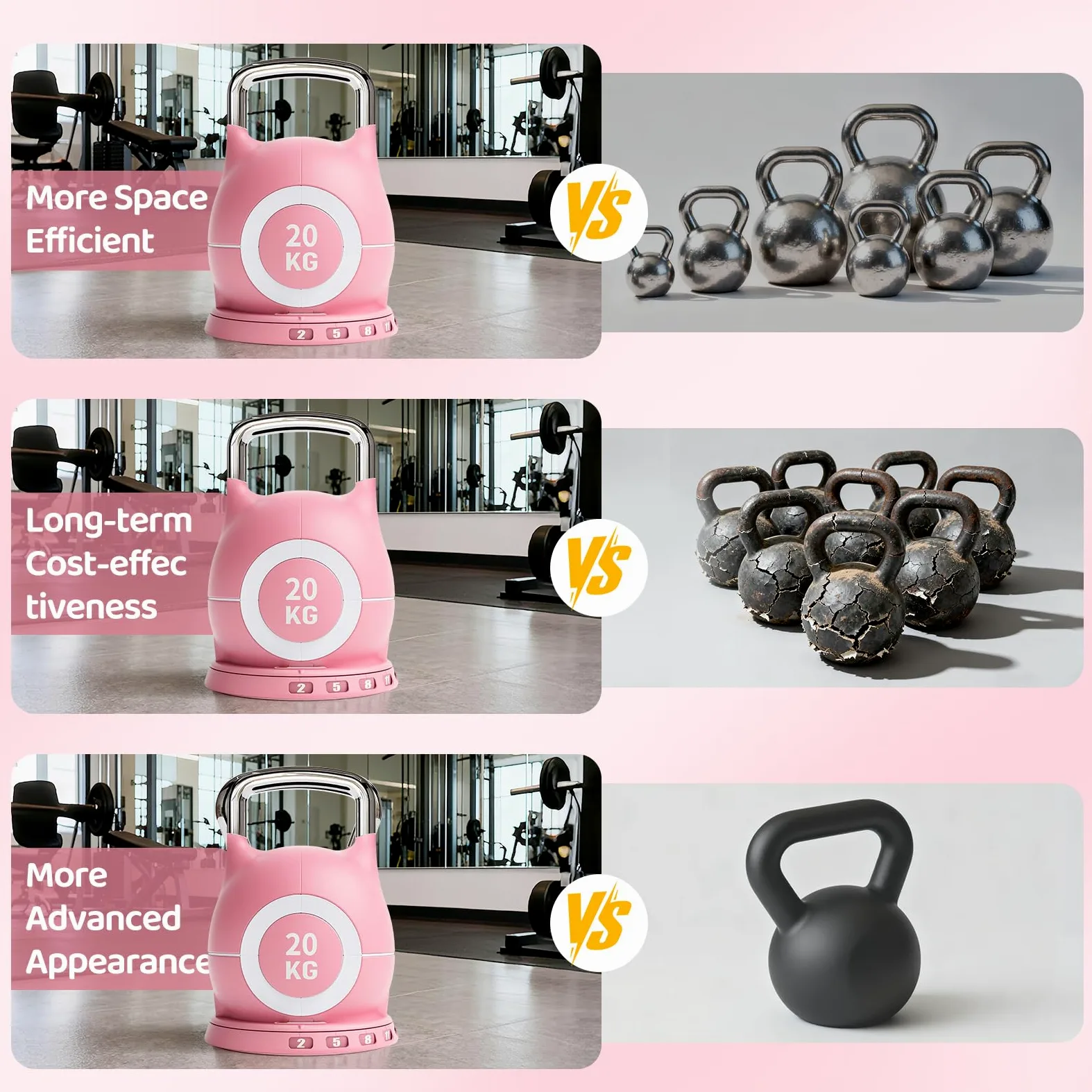 Kettlebell Ajustable 10 kg 20 kg – Pesas Rusas 7 en 1 – Kettlebell con 7 Niveles de Peso, Compacta para Entrenamiento de Fuerza, Hogar y Gimnasio (Rosa, 20kg)