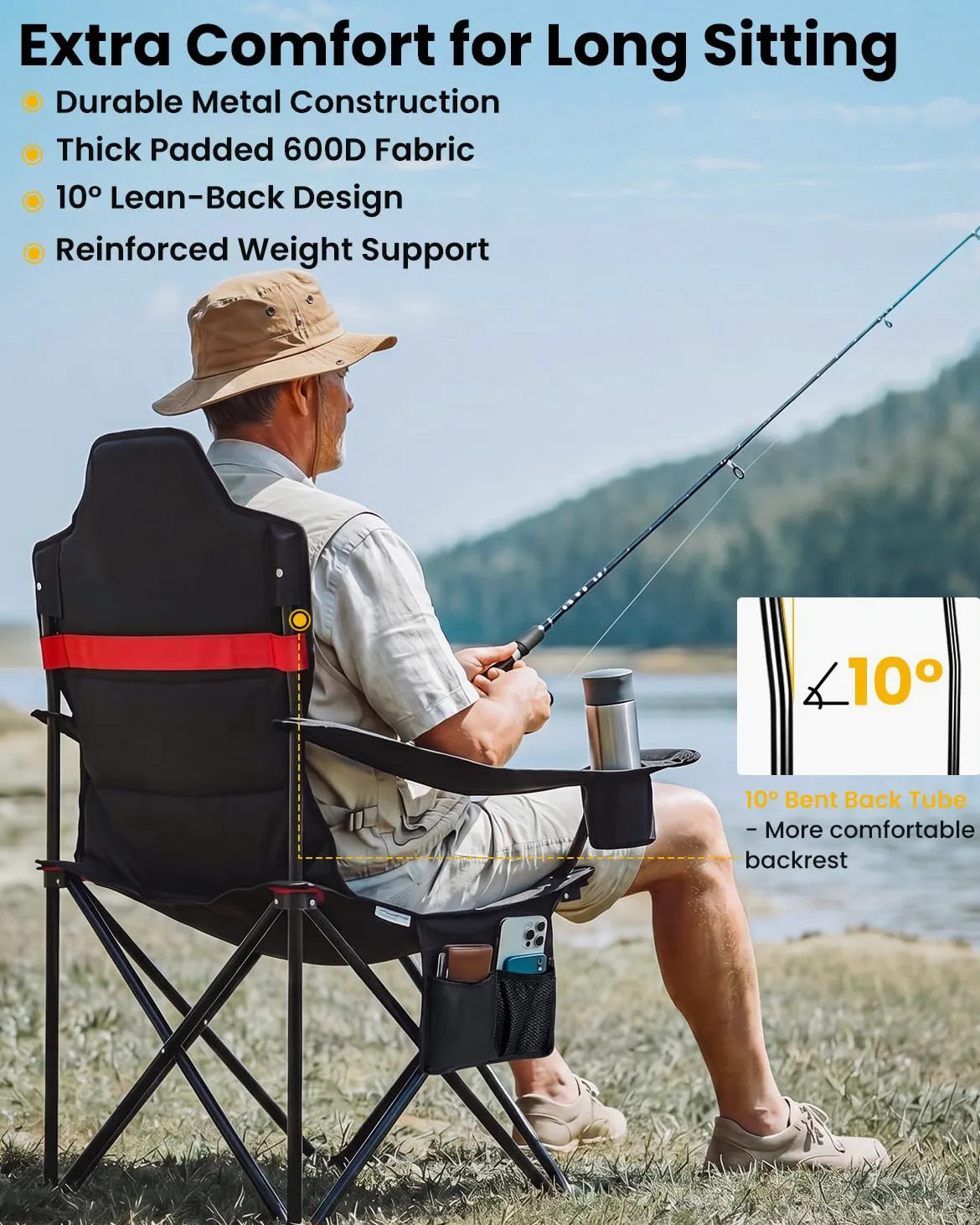 YEAUPE PRO Silla de Camping Plegable, Sillas de Pesca, hasta 150 kg, XL | Respaldo Alto, con Portavasos y Bolsa de Transporte, Silla Exterior para Camping, Playa, Jardín y Pesca