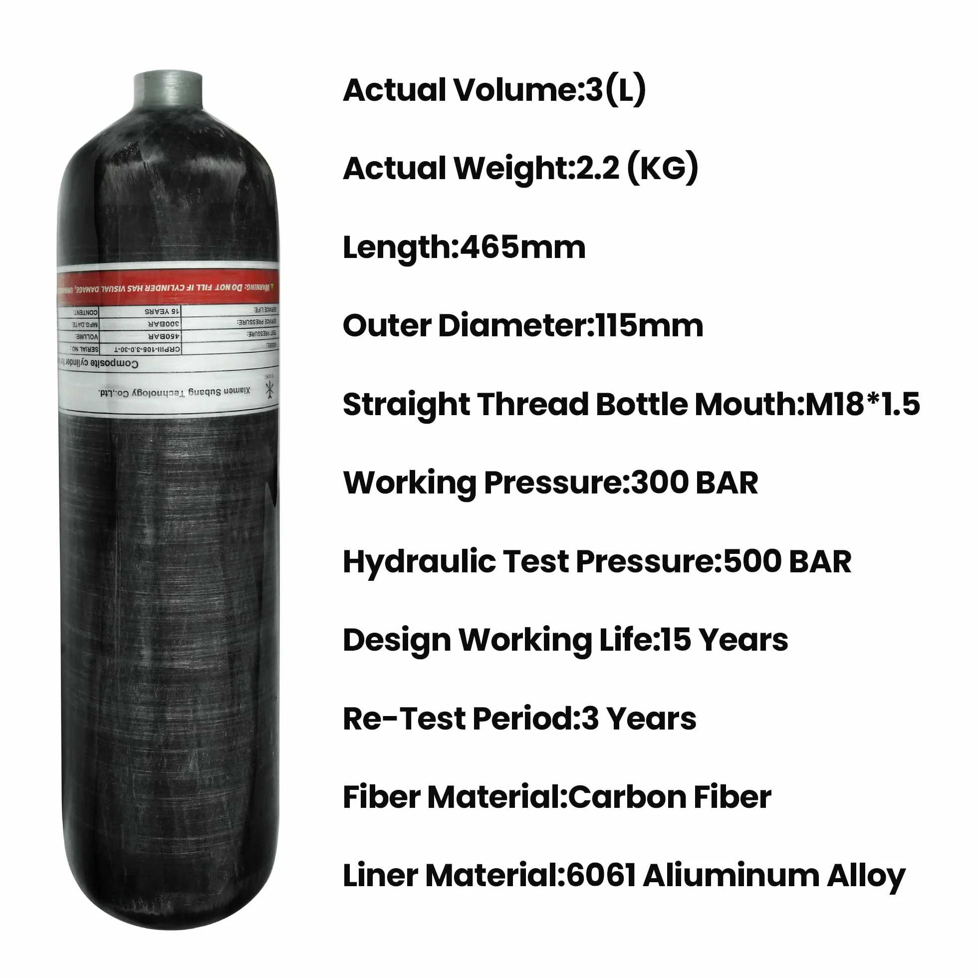 TUXING Depósito de Aire de Fibra de Carbono 3L 4500psi (Botella vacía) con Dos manómetros y Manguera de Alta presión de 24 Pulgadas, Bolsa