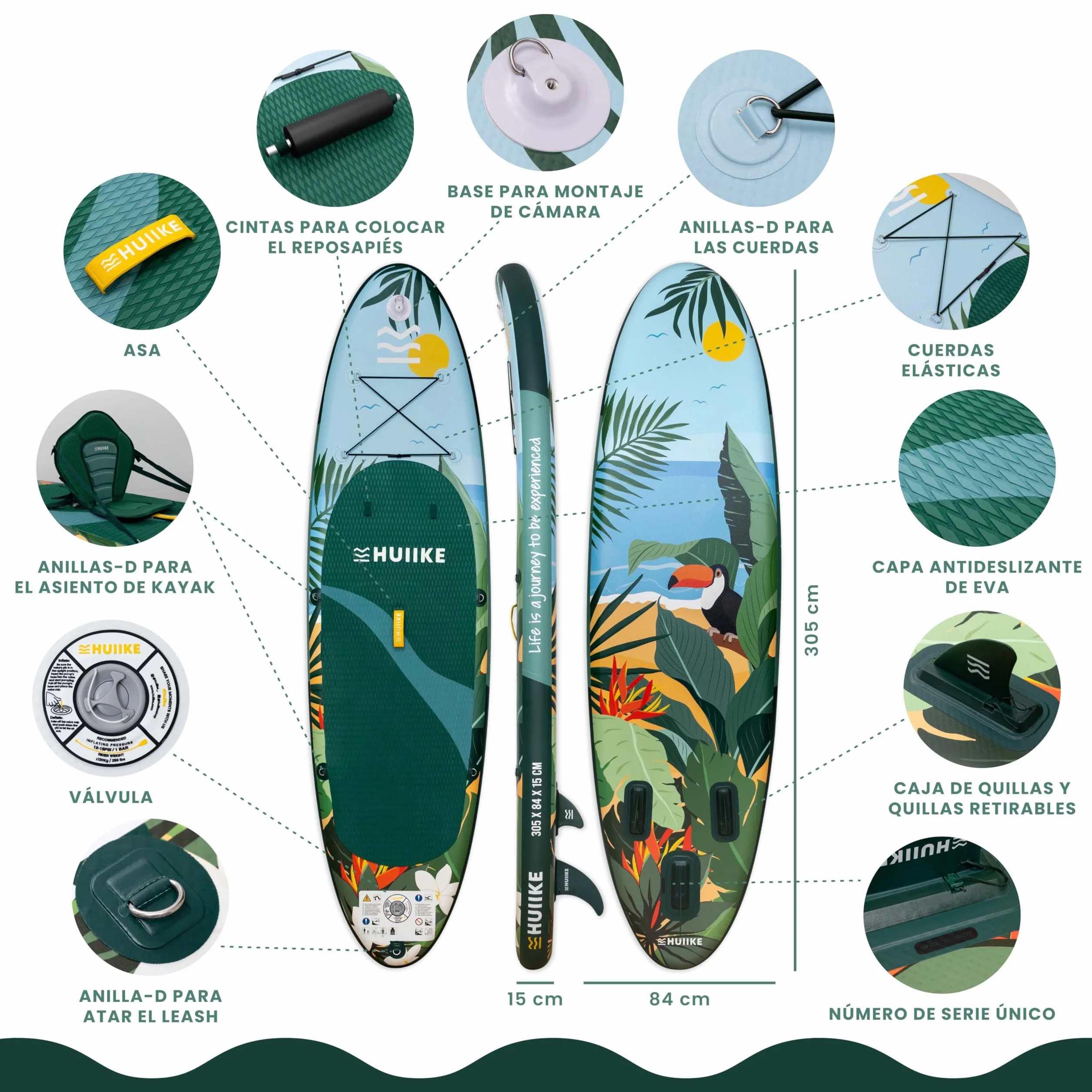 HUIIKE Tabla Paddle Surf Hinchable con Accesorios Incluidos, Remo, Quillas, Inflador. Stand Up Paddle Board Gran Estabilidad y Resistencia. 305 x 84 x 15 cm, Soporta hasta 130 kg