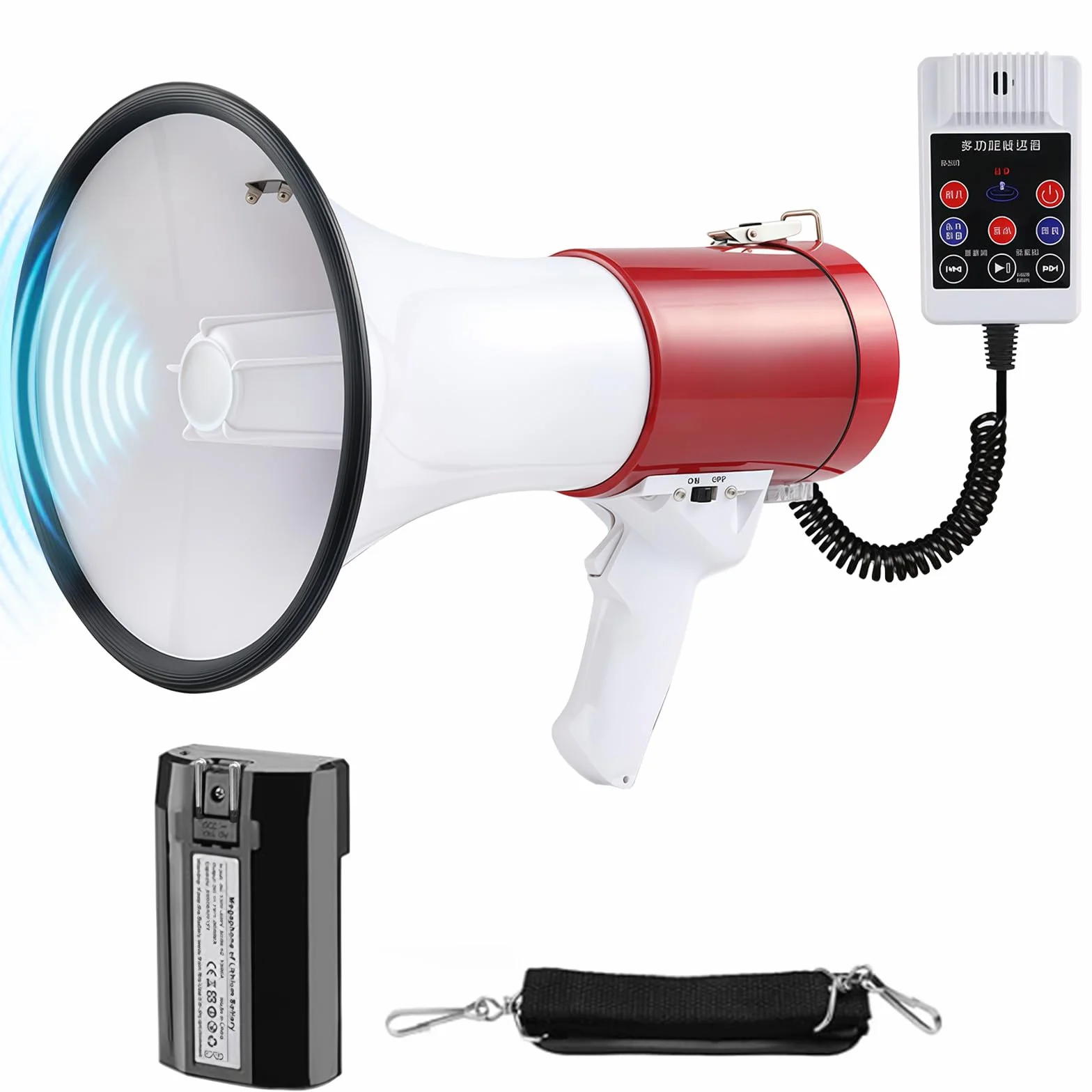 Megáfono 50W 1000m Sirena Micrófono Grabación 260S Bluetooth Correa Ajustable Rojo