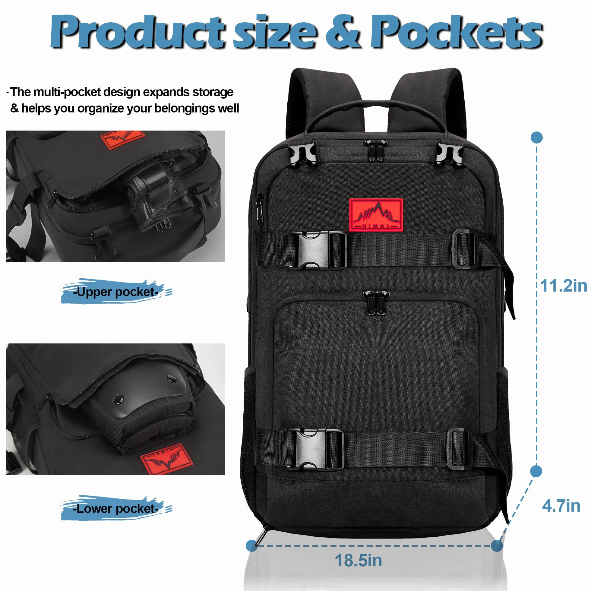 GoHimal Mochila para monopatín, mochila para portátil, Negro