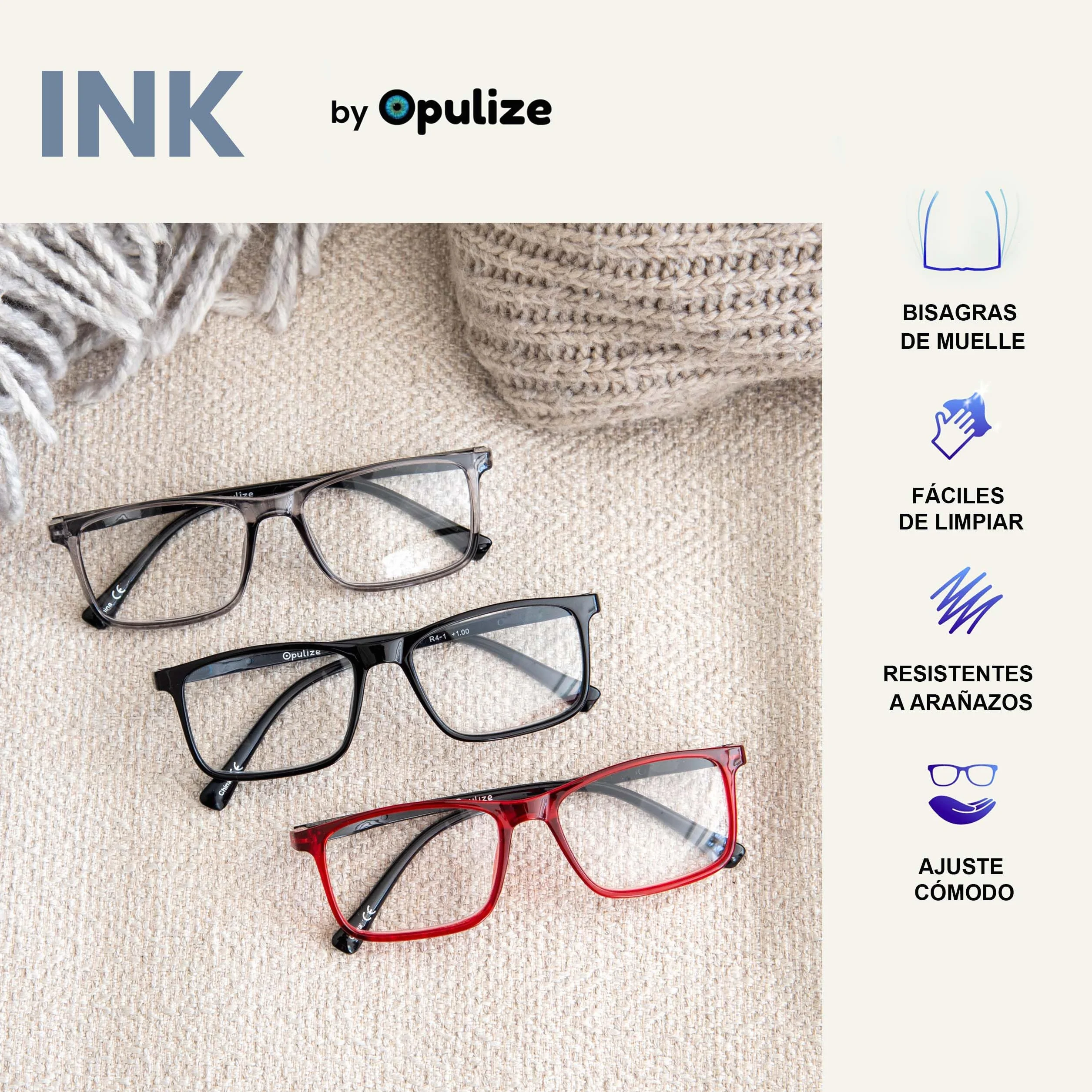 OPULIZE INK Gafas de Lectura Pack de 3 Montura Rectangular Grande Negro Gris Rojo +1.50
