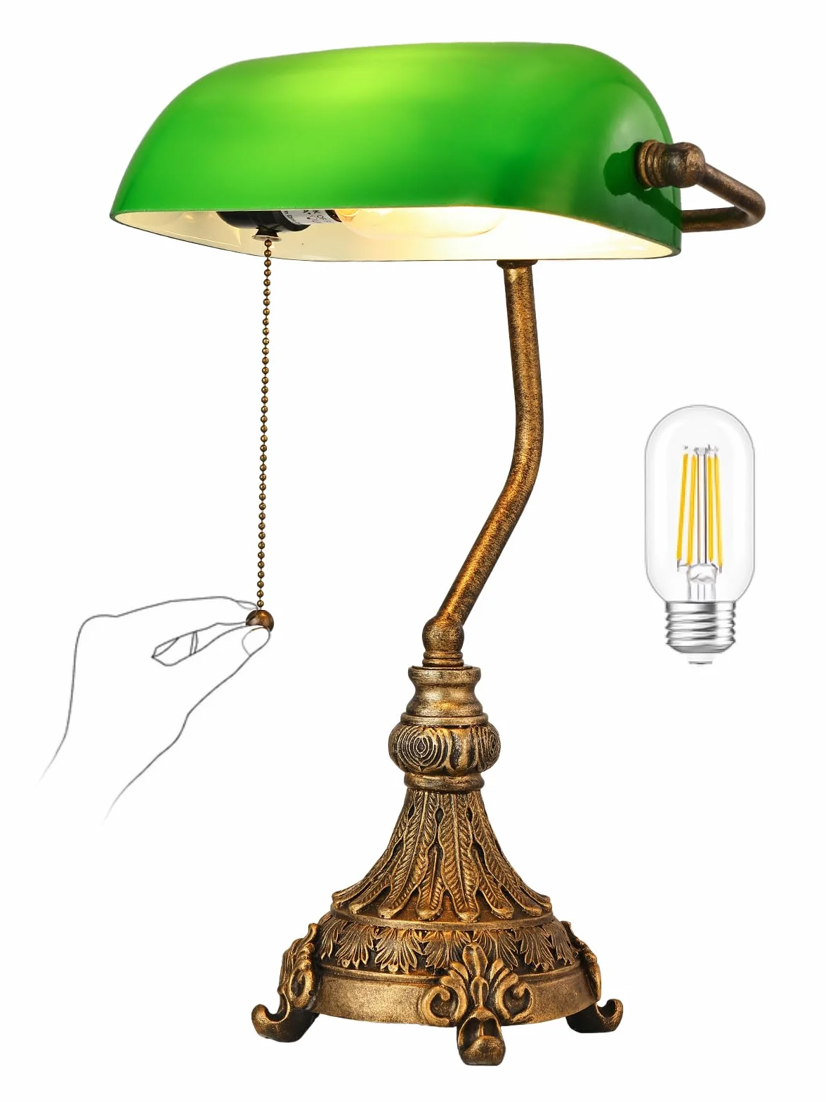 Lámpara de escritorio vintage de cristal verde para oficina en casa o biblioteca, con interruptor de cadena y enchufe, bombilla LED incluida.