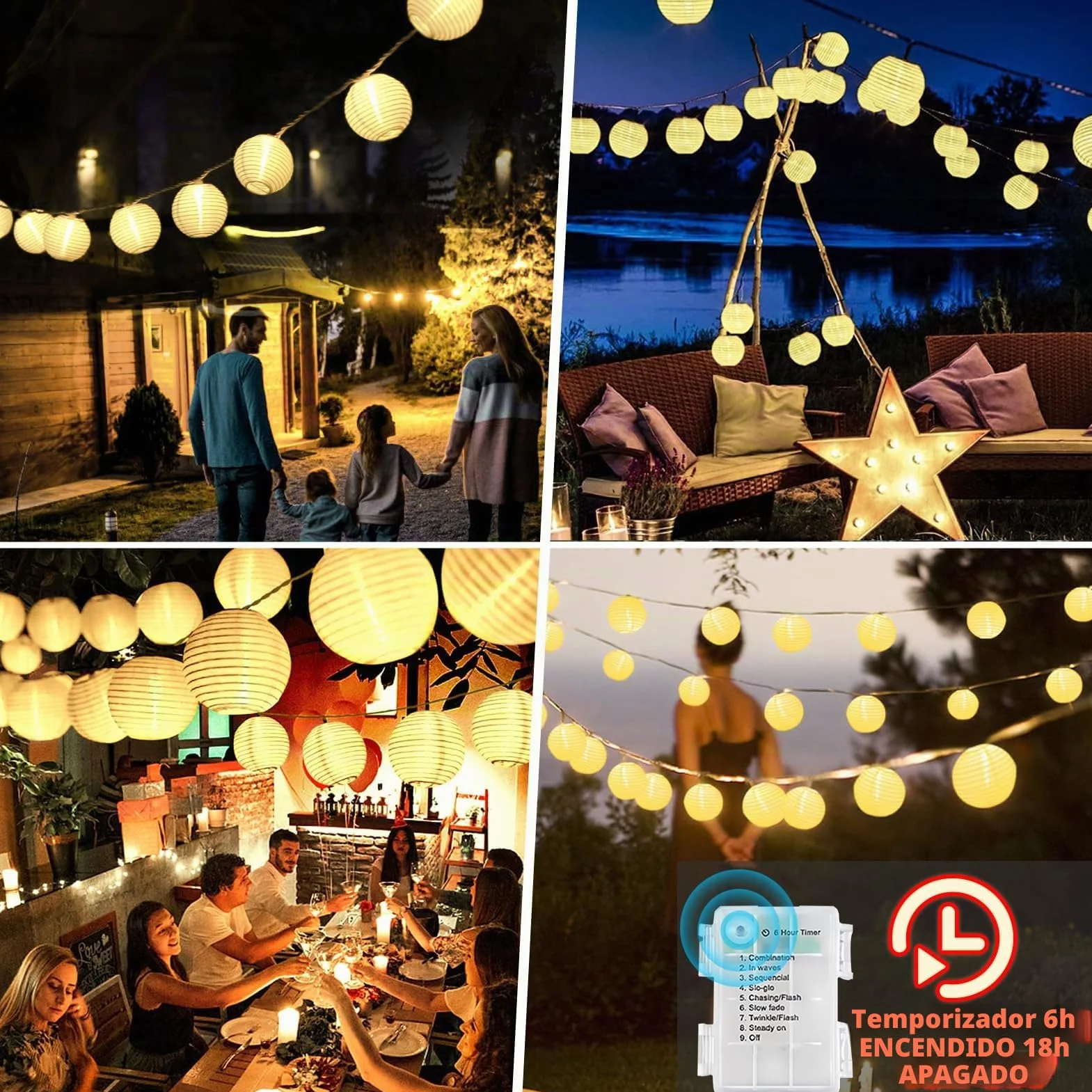 Guirnalda Luces LED 20 Farolillos Papel Exterior Decoracion Jardin Balcon Terraza Blanco