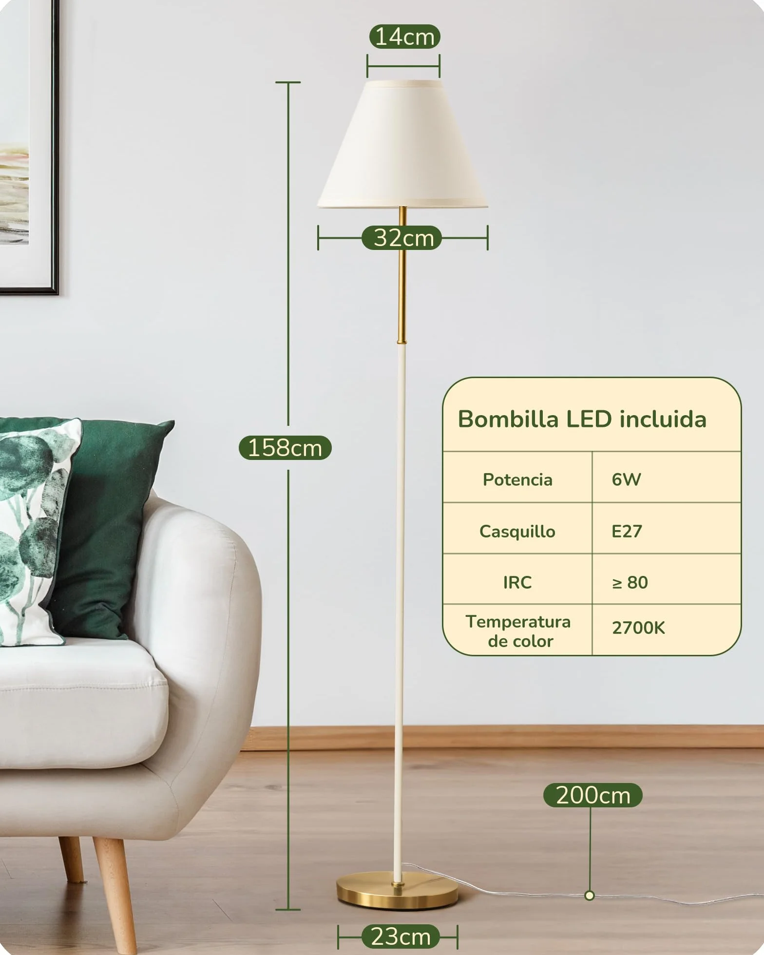 EDISHINE Lámpara de Pie Retro, Pantalla Algodón-Lino, Estructura Metálica, Bombilla LED 2700K Incluida, E27