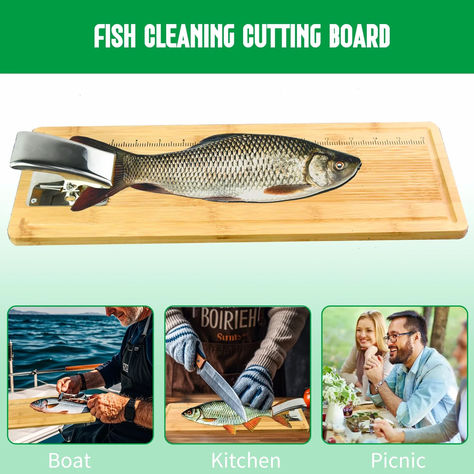 Tabla de cortar de limpieza de peces, kit de limpieza de peces, tabla de medición de pesca, tablas de filete de pescado con abrazadera y juego de cuchillos para filetear fácilmente