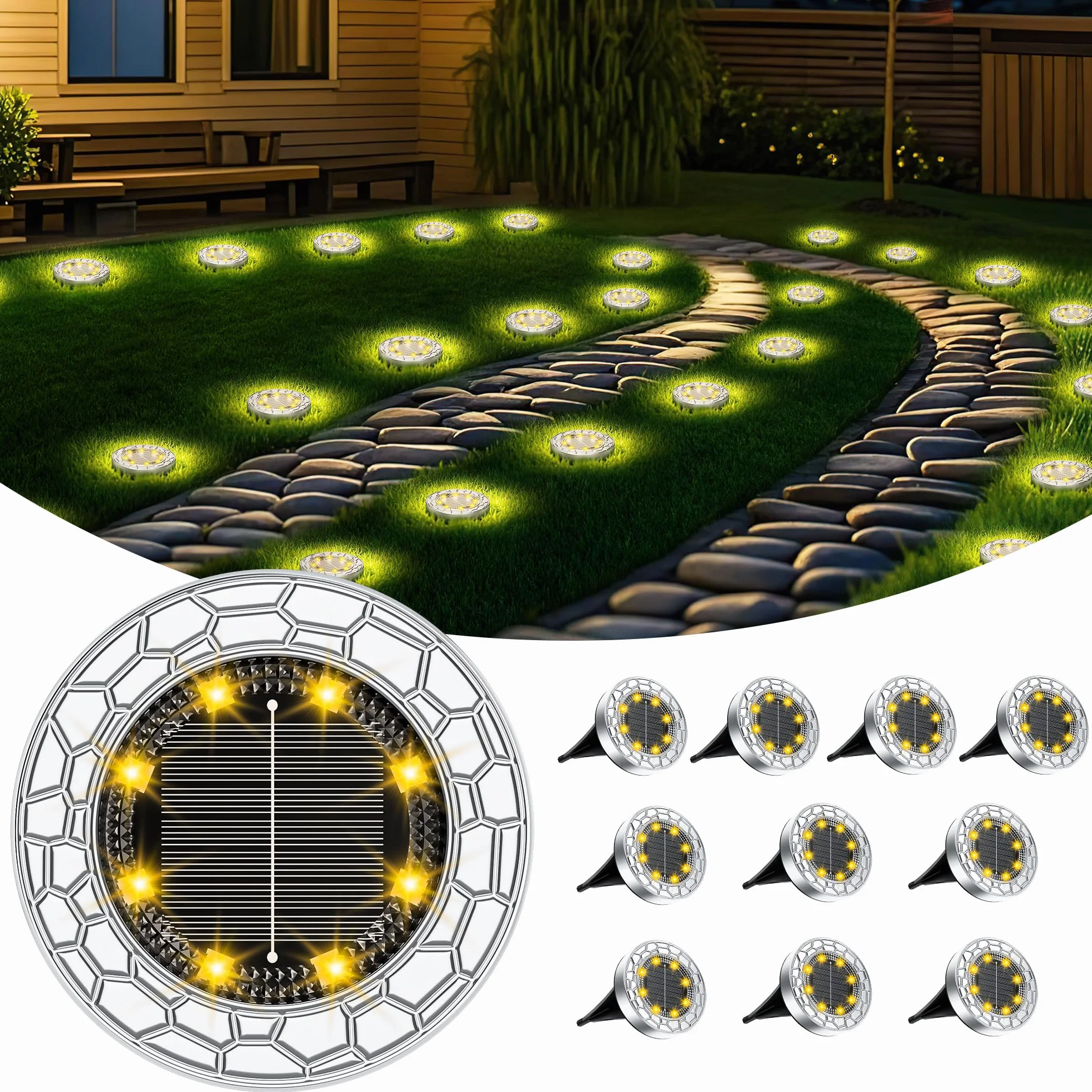 FIFlying 10 Piezas Luces Solares LED Exterior Jardín, 8 LED, Acero Inoxidable, Blanco Cálido
