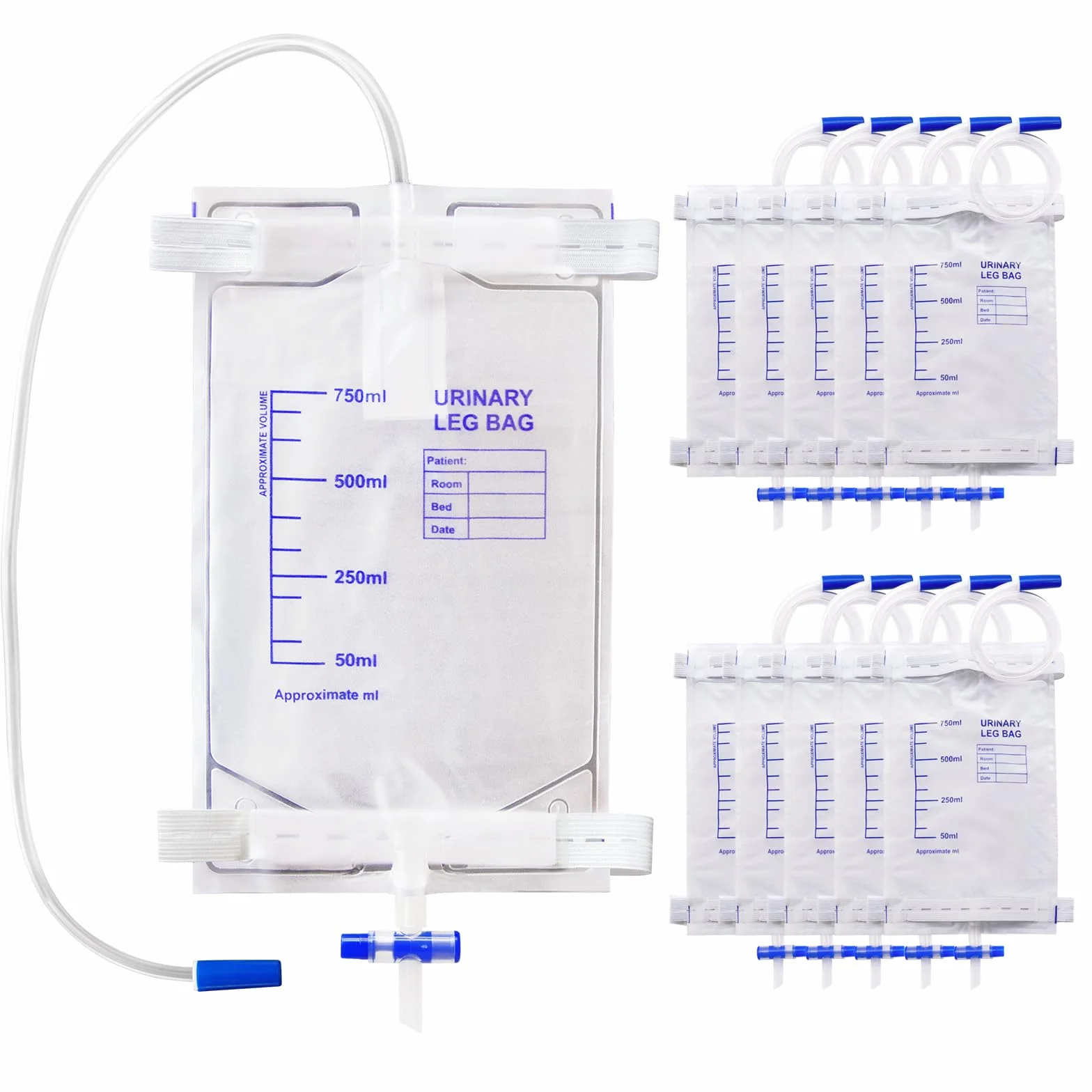 10 Piezas Bolsa de Drenaje de Orina 750ml con Válvula Antirreflujo y Correas de Tela