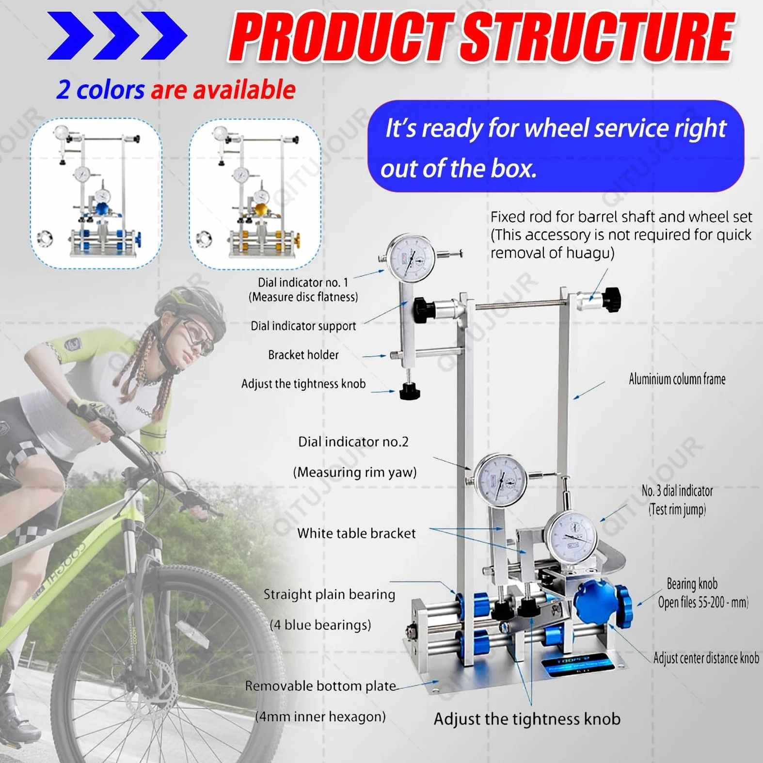 Wheel Truing Stand for Bicycle, Professional Rim Repair Tool, Adjustable 55-200mm Hub Width, Multi-Size Spoke Wrench 10-15G Nipples Portable Maintenance Stand for MTB Road Bike