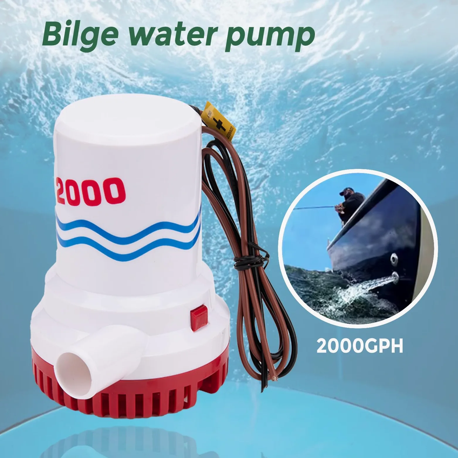 Bomba de achique sumergible de 12 V de 2000 GPH para barco marino | Carcasa resistente a la corrosión. Diseño totalmente sumergible.