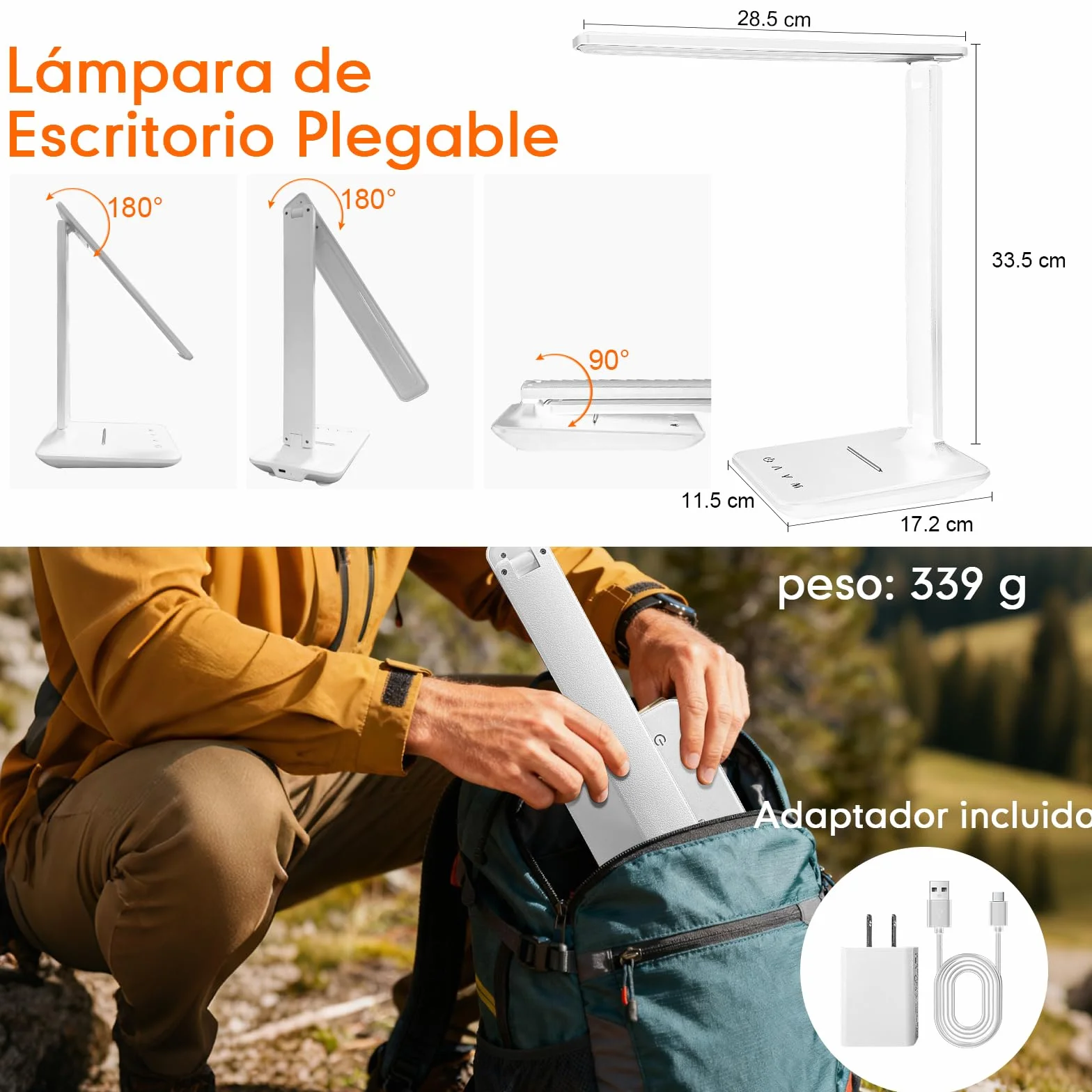 Karidi Lámpara de Escritorio LED Recargable 4000mAh 45 LEDs Protección Ocular 5 Modos Color 5 Niveles Brillo Control Táctil USB-C Plegable
