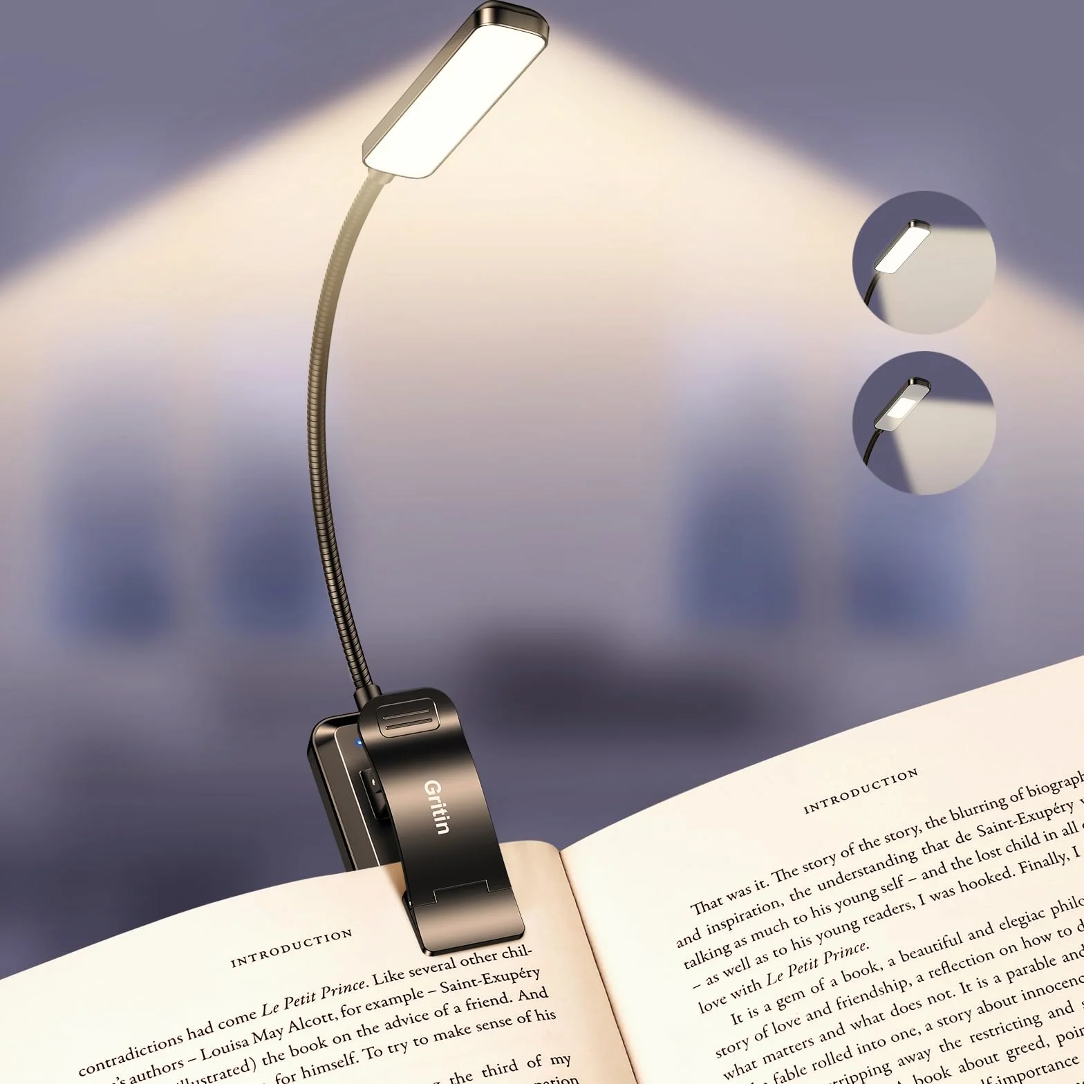 Gritin 2026 Gen 2 Luz Lectura Recargable 30 LED Espectro Completo Protección Ocular 5 Colores 5 Niveles Brillo Ajustable Haz Ancho Estrecho Batería Larga Duración