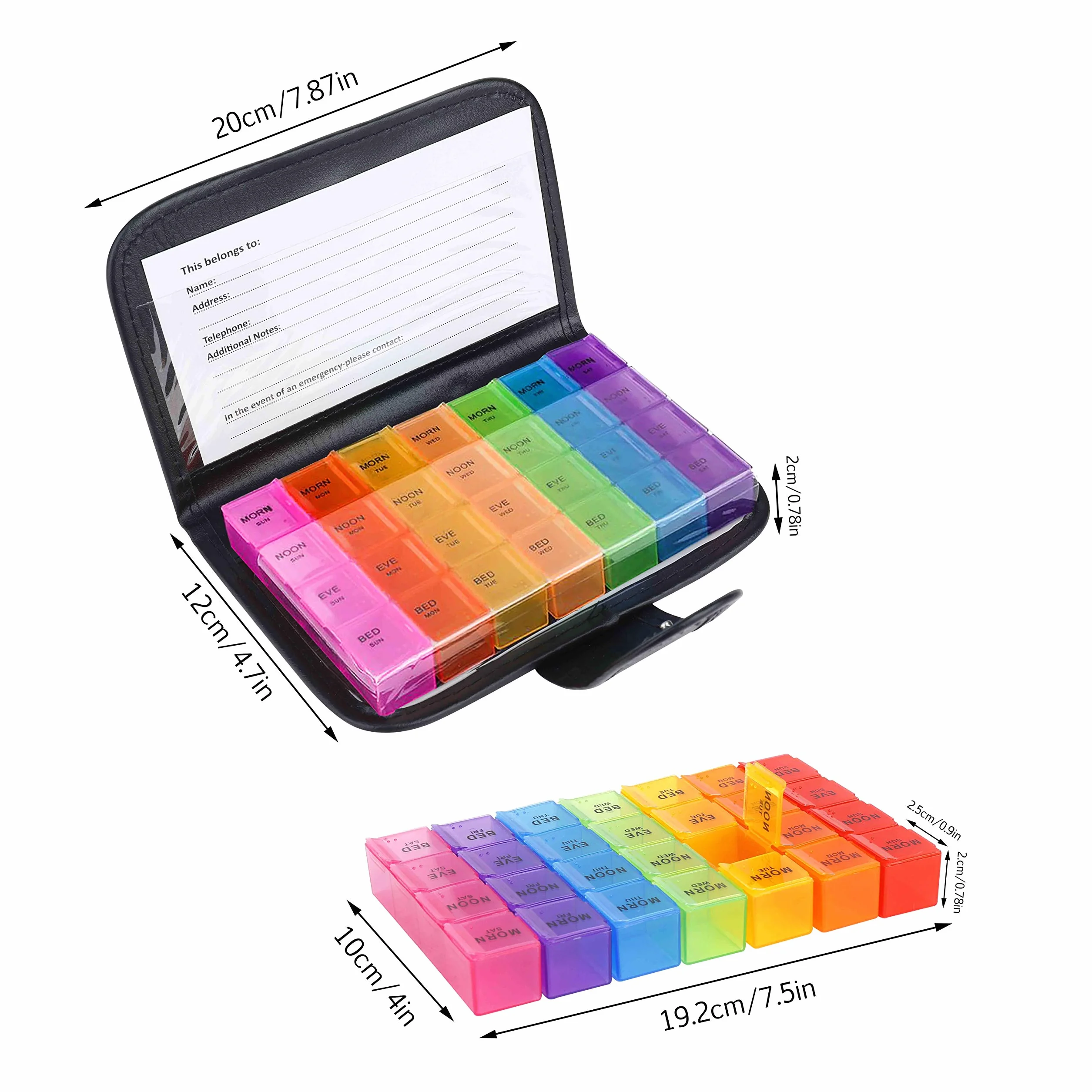 Pastillero Organizador Semanal 7 Días 28 Compartimentos Multicolor con Estuche de Cuero