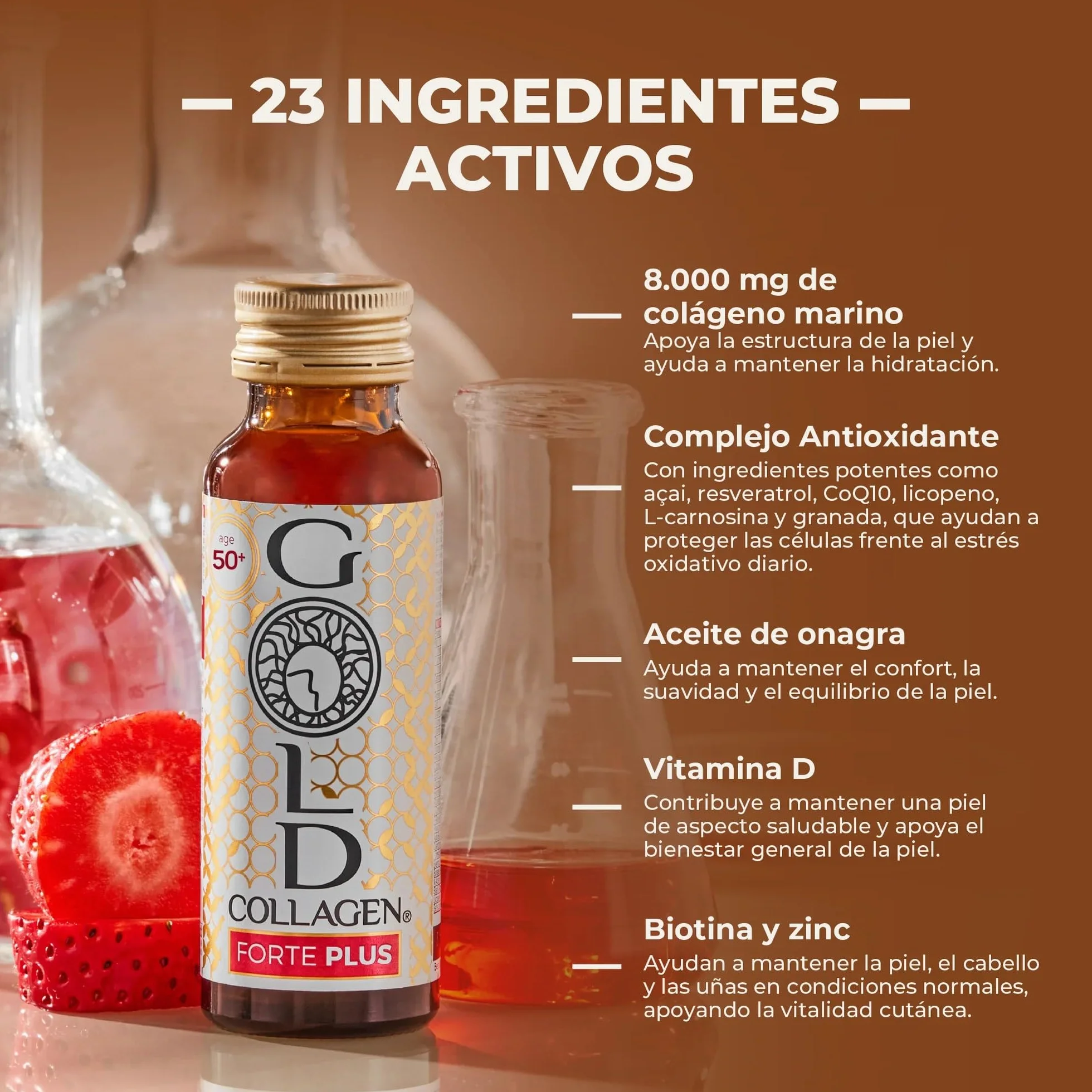 GOLD COLLAGEN New Forte Plus Complemento con 8g Colágeno Marino Hidrolizado y Biotina para Cabello, Piel y Sistema Inmunitario, 1 Caja x 10 Botellitas 50 ml