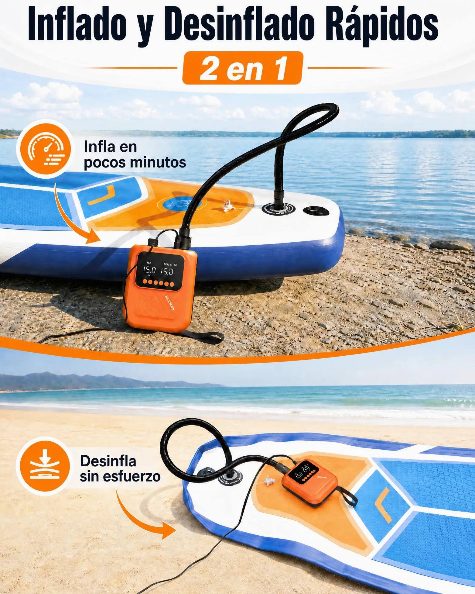 Bomba Eléctrica Sup 20 PSI, Inflador Paddle Surf Electrico | Parada Automática, Doble Pantalla Digital, Inflado/Desinflado, 7 Boquillas para Tablas de Sup Kayak Colchón Tienda Inflable
