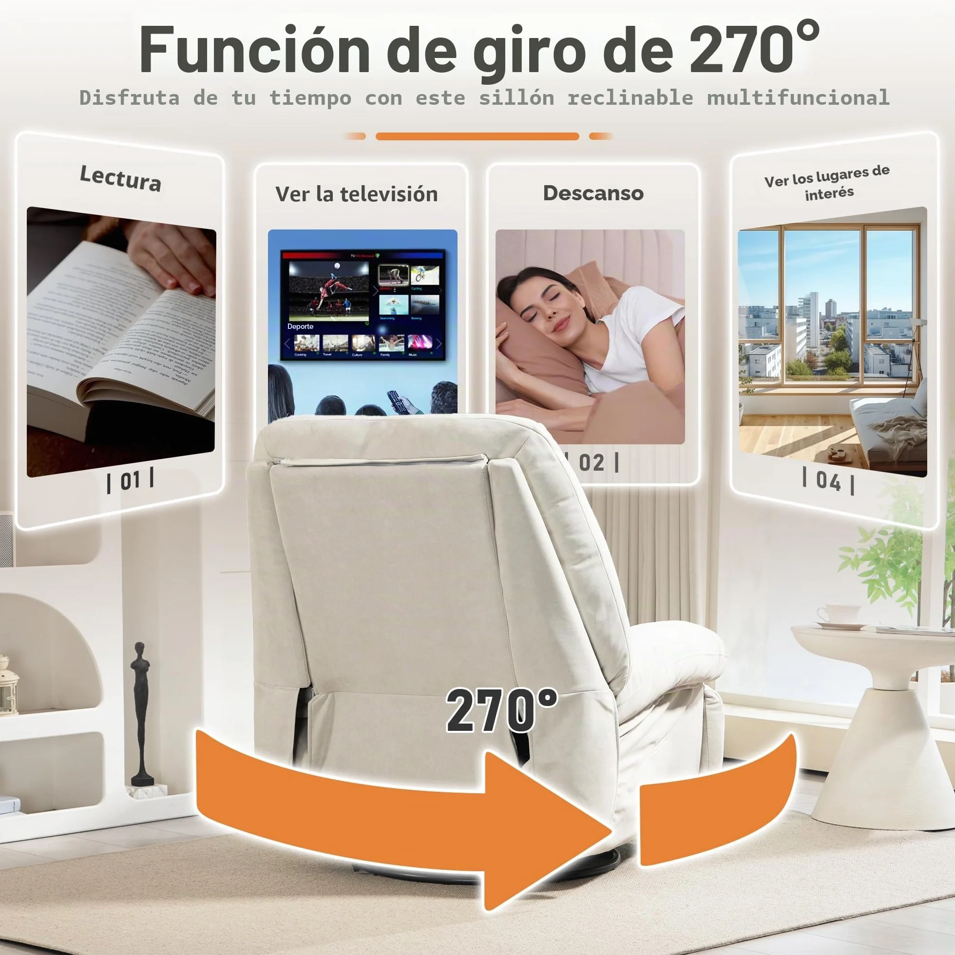 Sillón de Relax Eléctrico con Masaje, Calefacción y Vibración, Giratorio, Puertos USB-C, Reclinable para TV, Salón (Blanco)