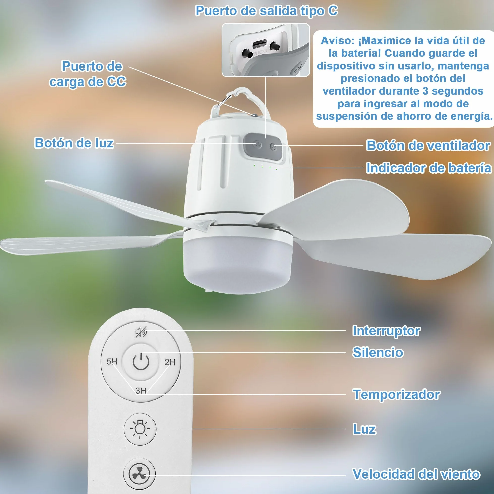 Ventilador Techo Exterior 50CM 20000mAh Recargable con Luz y Mando a Distancia Blanco