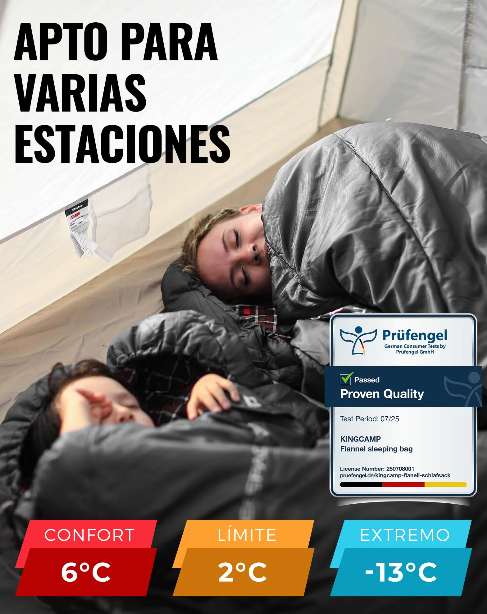 KingCamp Saco de Dormir XXL de Franela de Algodón para Adultos, Saco de Dormir Grande de Invierno para Camping 4 Estaciones, Viajes y Actividades al Aire Libre, 220x100cm