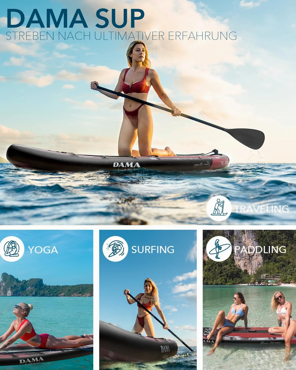 DAMA Dark Flower Tabla de Paddle Surf Hinchable, Sup Paddle Board Inflable 320 x 81 x 15 cm, Antideslizante, hasta 145 kg, Remo Doble, Bomba, Mochila, Correa de Seguridad, Bolsa Estanca y Funda Móvil
