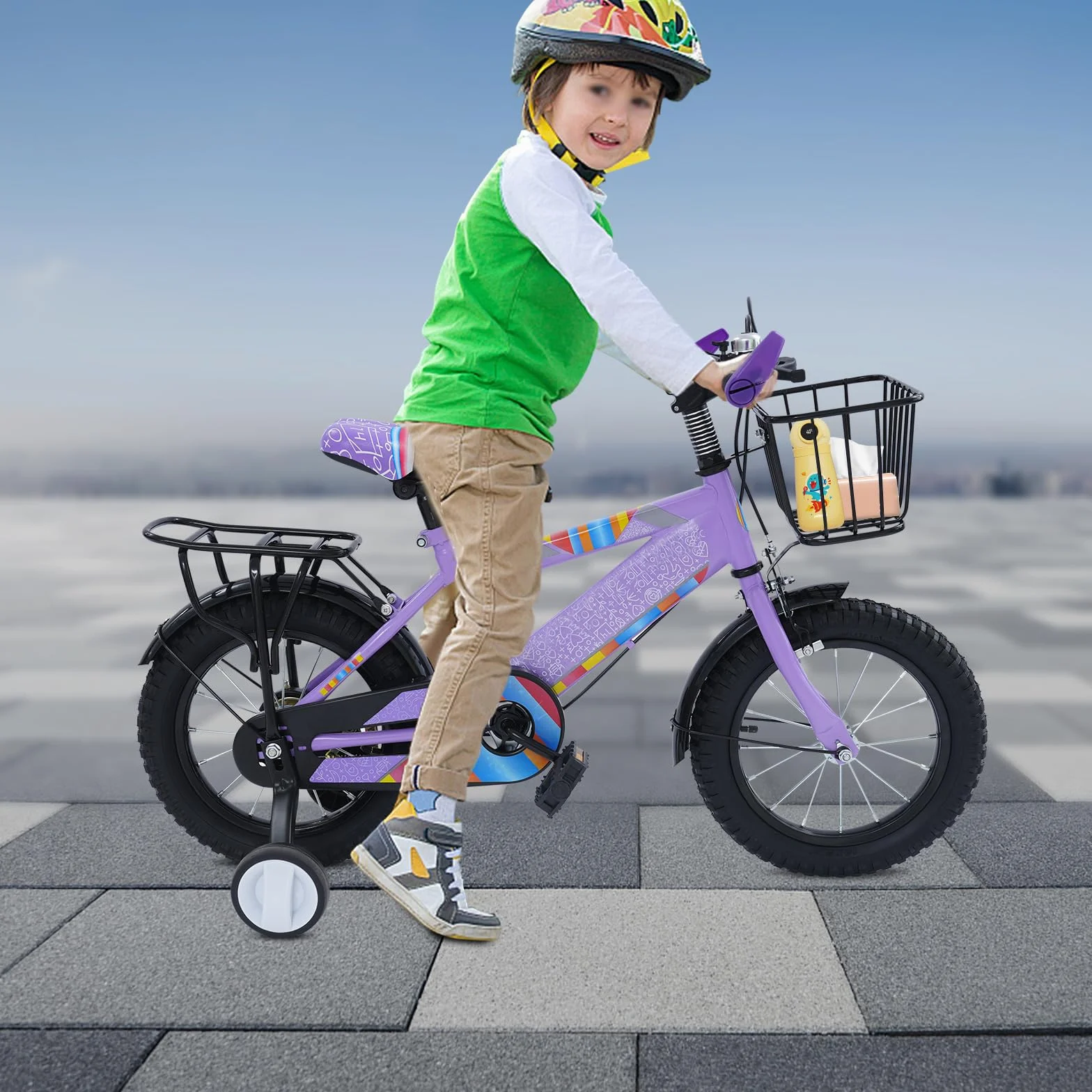 Bicicleta infantil de 14 pulgadas con asiento trasero, cesta ajustable y ruedas estabilizadoras, adecuada para niños y niñas de 3 a 6 años y una estatura de 95 a 115 cm, color morado