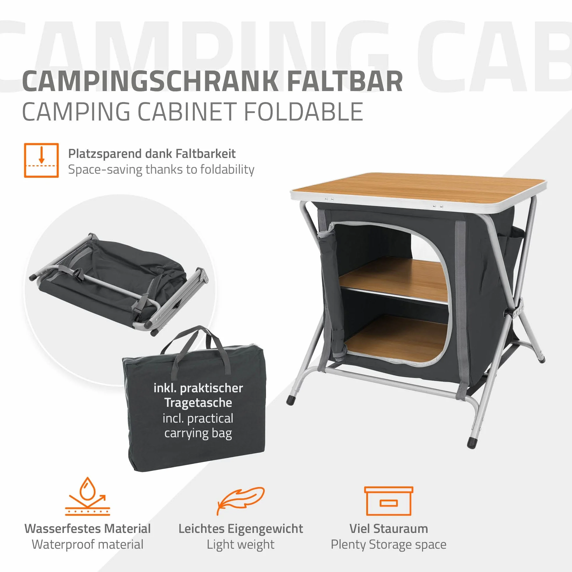ECD Germany Armario de Cocina Plegable para Camping 64x60x45 cm Madera-Negro Caja con Estructura de Aluminio y Tela para Exteriores Mesa Auxiliar Portátil con Encimera 2 Estantes y Bolsa de Transporte