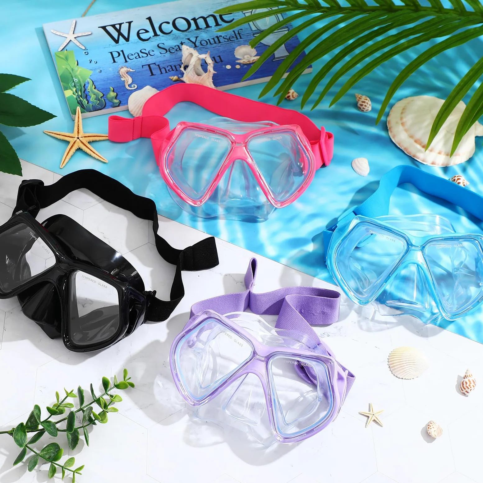 Flutesan 4 gafas de natación para adultos con cubierta para la nariz, correa de tela elástica, gafas de buceo de vidrio templado con envoltura protectora para el cabello