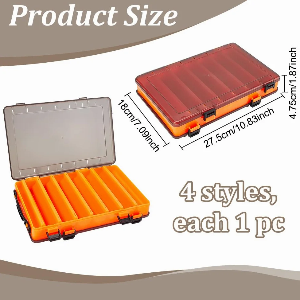 WEBEEDY Paquete de 4 cajas de señuelos de pesca de doble cara, caja de aparejos, 27,5 x 18 x 4,75 cm, plástico translúcido, almacenamiento de señuelos de pesca con hebilla para organizador de cebos de
