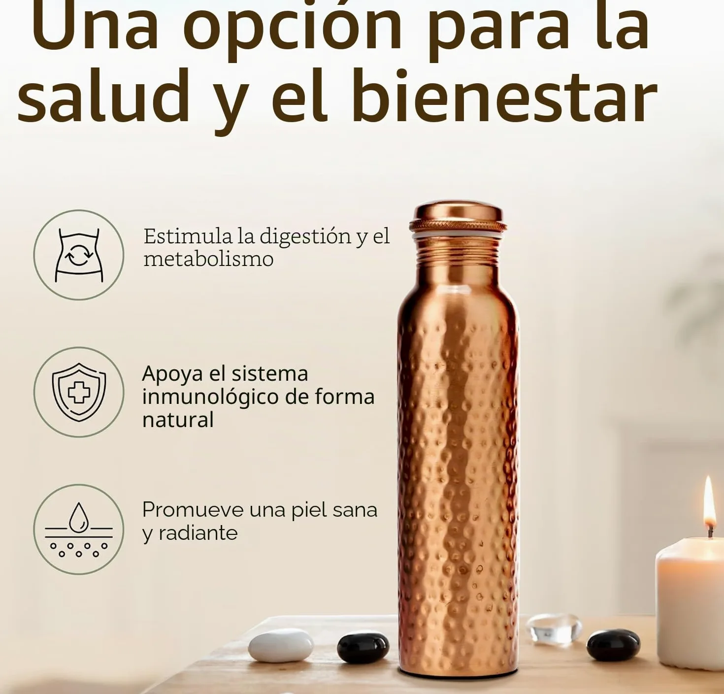 Botella de Agua de Cobre Puro Martillado a Mano 950 ml – Botella Ayurvédica Antifugas Sin BPA para Yoga, Viajes y Oficina con Bolsa de Lona, Bolsillo, Porta Tarjetas y Cepillo