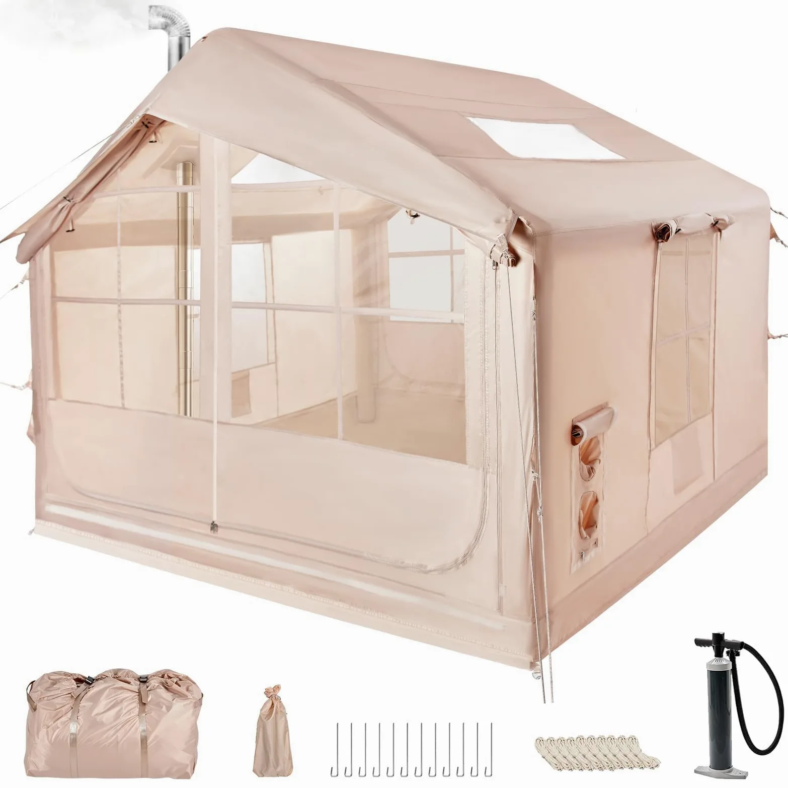 Tienda de campaña Hinchable de 2,5 m con Apertura de Chimenea y claraboya, Tienda de casa de Exterior Tienda para 2-6 Personas con Bomba de Aire, Tejido Oxford, 4 Estaciones, Impermeable
