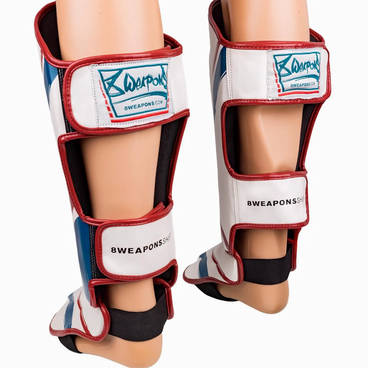 8 WEAPONS Espinilleras Shift, blanco y rojo marino, entrenamiento y competición, piel sintética de alta calidad y amortiguación perfecta, Muay Thai, K1, MMA, karate y kickboxing